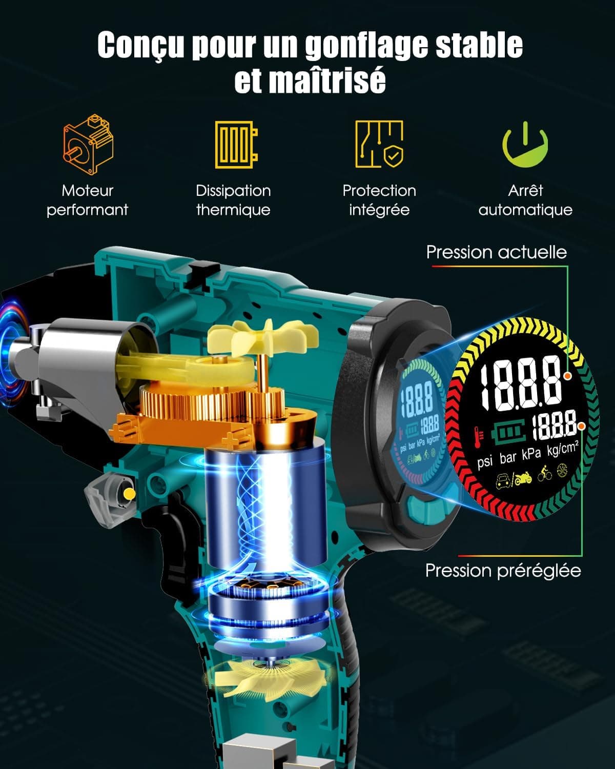 AUTDER Gonfleur Pneus 180 PSI Sans Fil avec Arrêt Automatique
