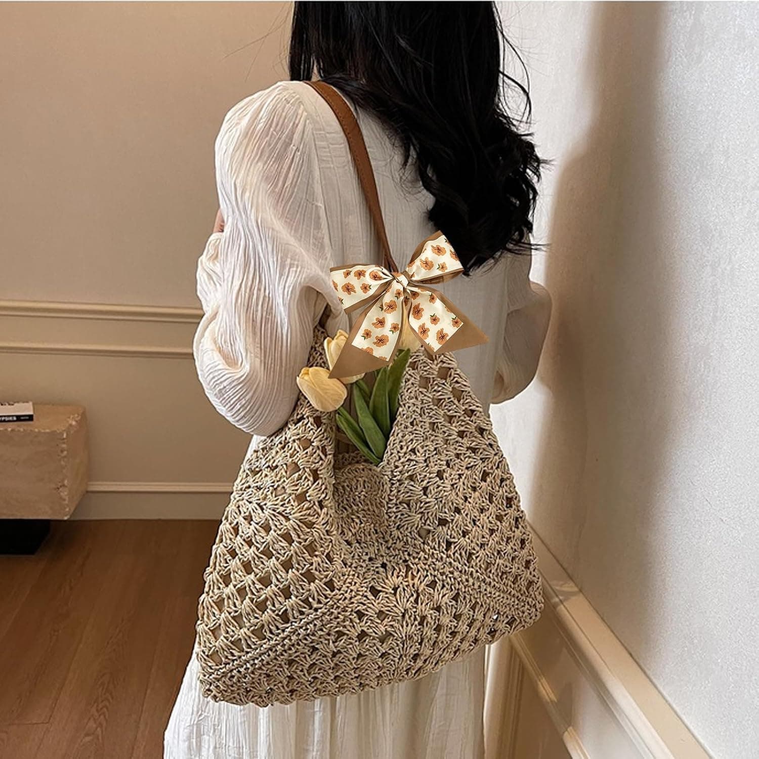 Sac à Bandoulière en paille pour Femmes Filles, Sac a Main Femme Paille Ete, sSac de Plage, sSac en Paille, pour Vacances Voyages, Bohème Esthétique à Main et à Provisions