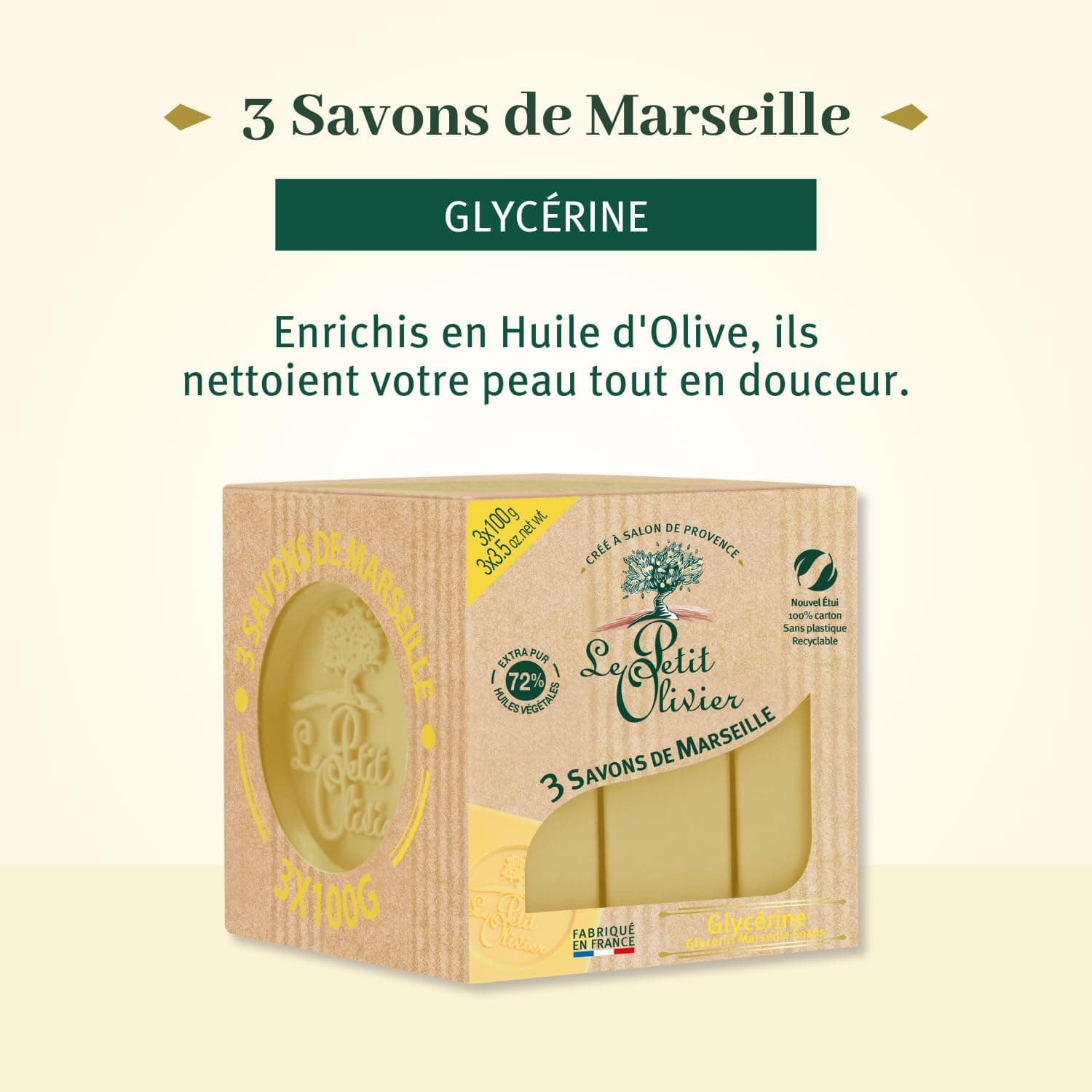 LE PETIT OLIVIER 3 Savons de Marseille à la Glycérine 3x100g