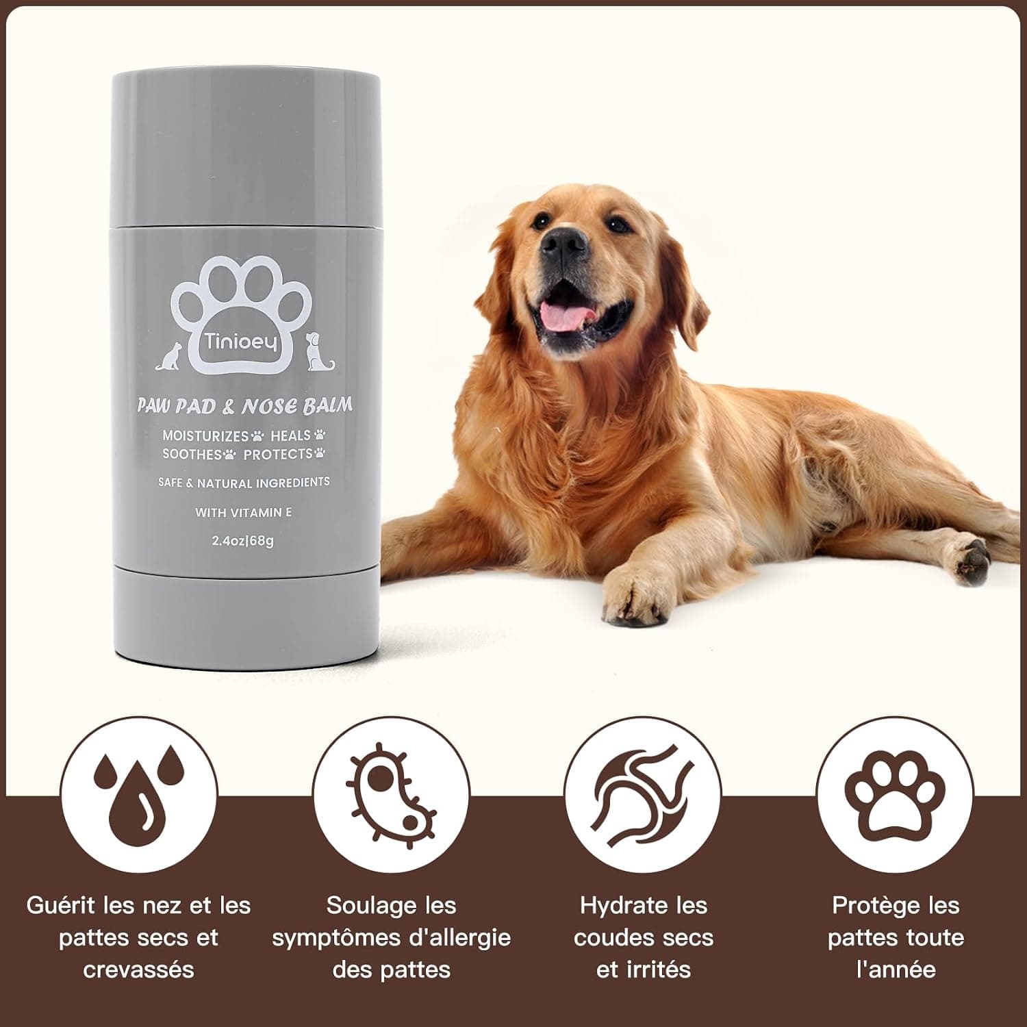 Baume Coussinet Chien Stick 68g -100% Bio & Naturel - Hydrate, Guérit, Protège Contre Neige, Sel, Pattes Craquelées & Nez - Creme Coussinet Chien - Chien Accessoires pour Pattes Protections