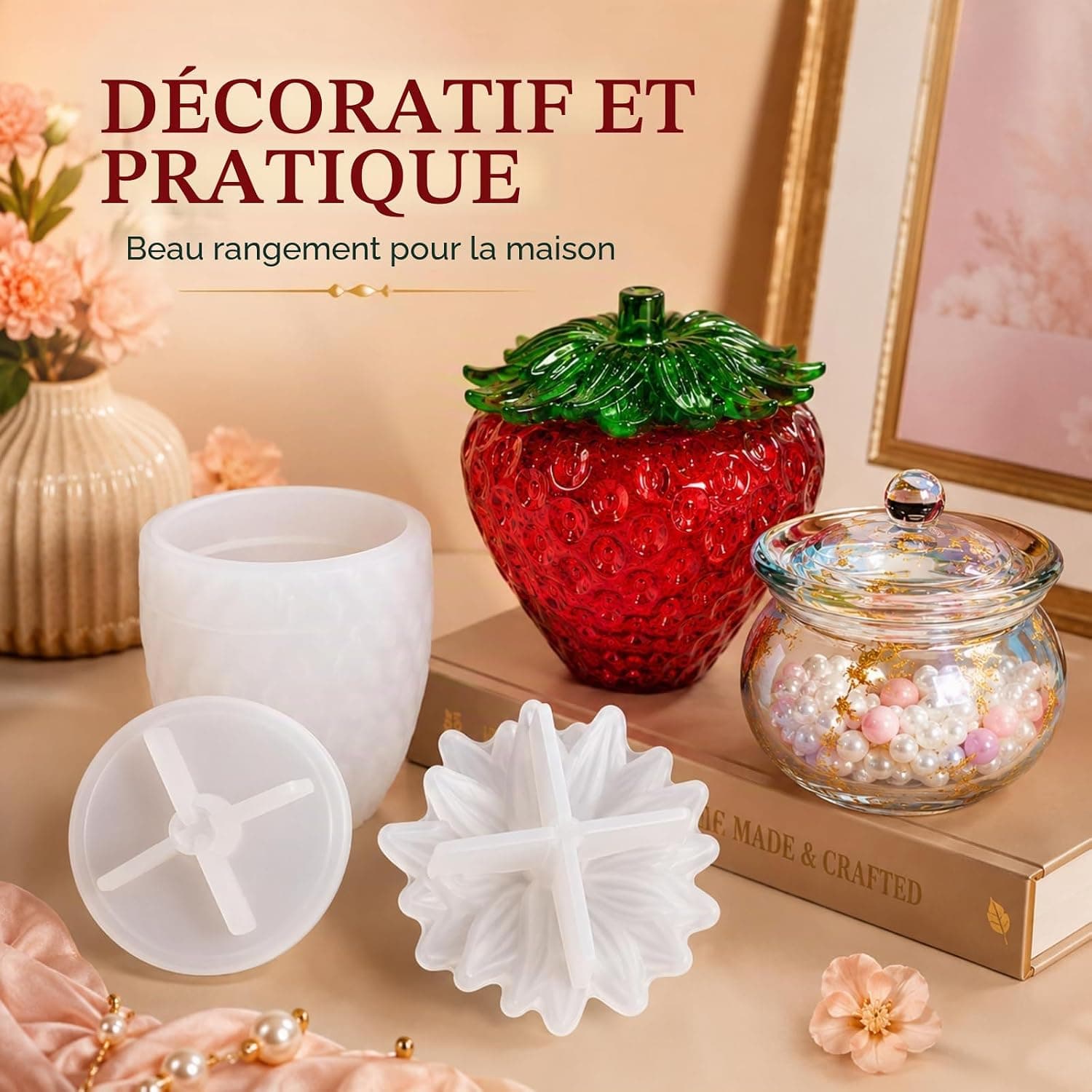 Moules en Resine Epoxy de Fraise de Silicone Moule de Rangement de Resine Epoxy avec Couvercle, DIY Moule pour Organisateur, Boîte à Bijoux, Pot de Fleur, Décoration de Table