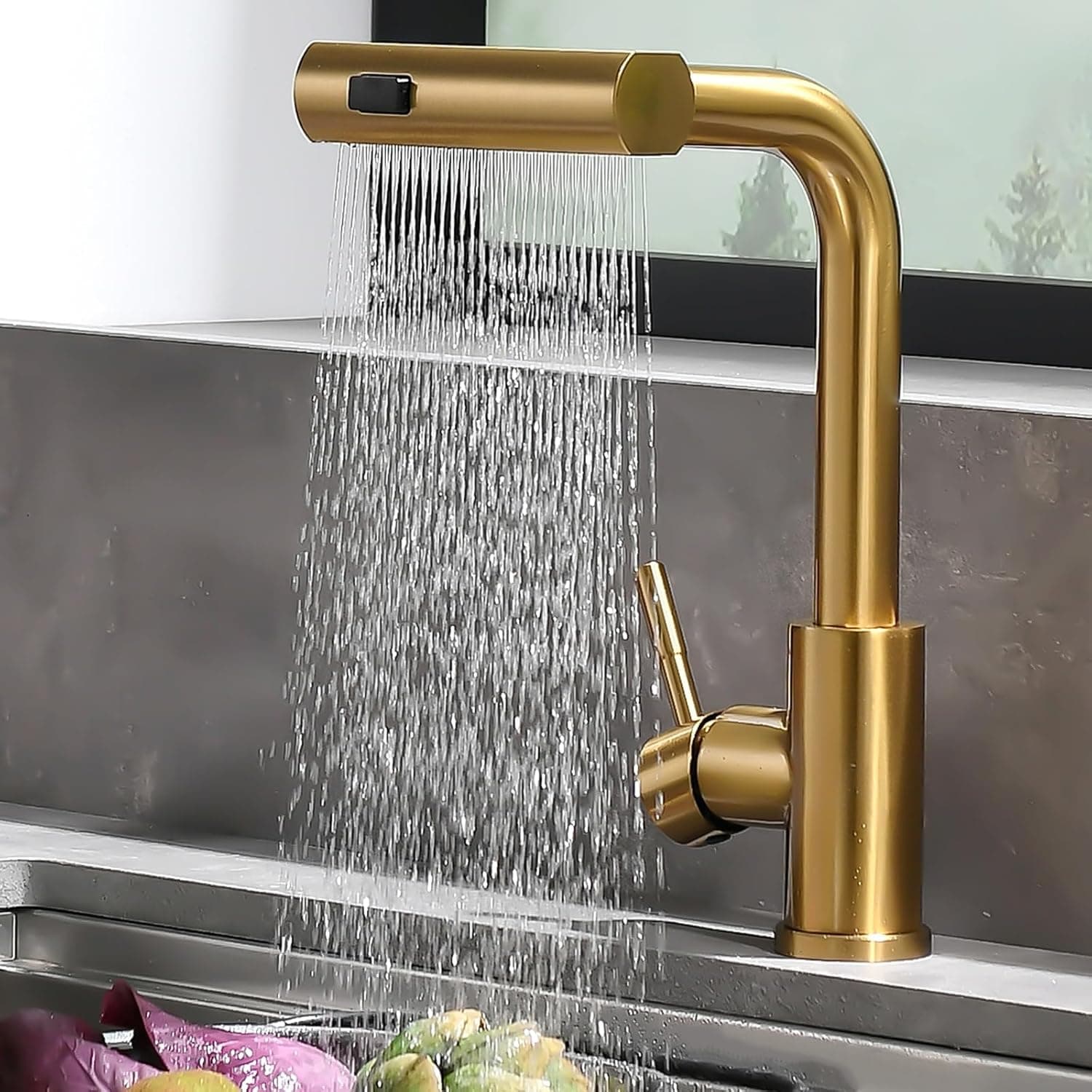 AIMADI Robinet de Cuisine Doré Élégant avec Flexibilité et 3 Jets - Robinet Évier Mitigeur à Poireau Pulvérisateur Extractible (Jet d'Eau, Cascade, Douche)
