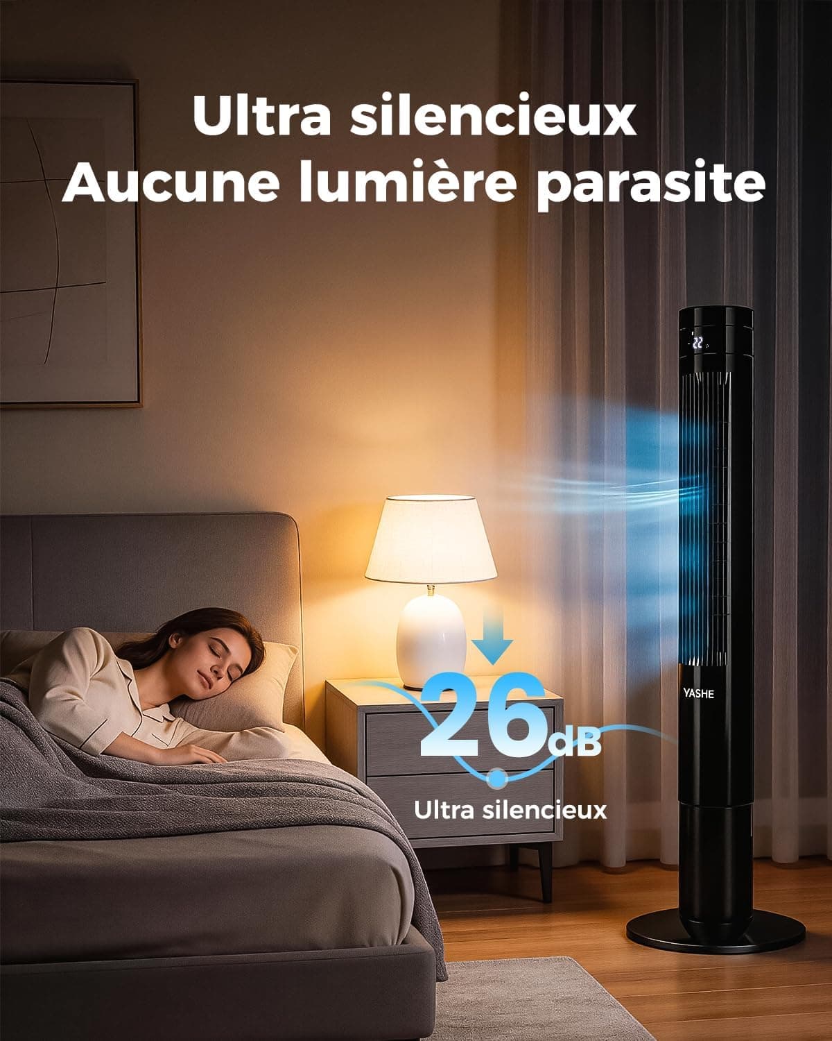 YASHE Ventilateur colonne 110 cm avec télécommande, silencieux 28 dB | Oscillation 85°, 12 h minuterie, 3 modes, 3 vitesses et affichage LED, idéal pour chambre, bureau et maison