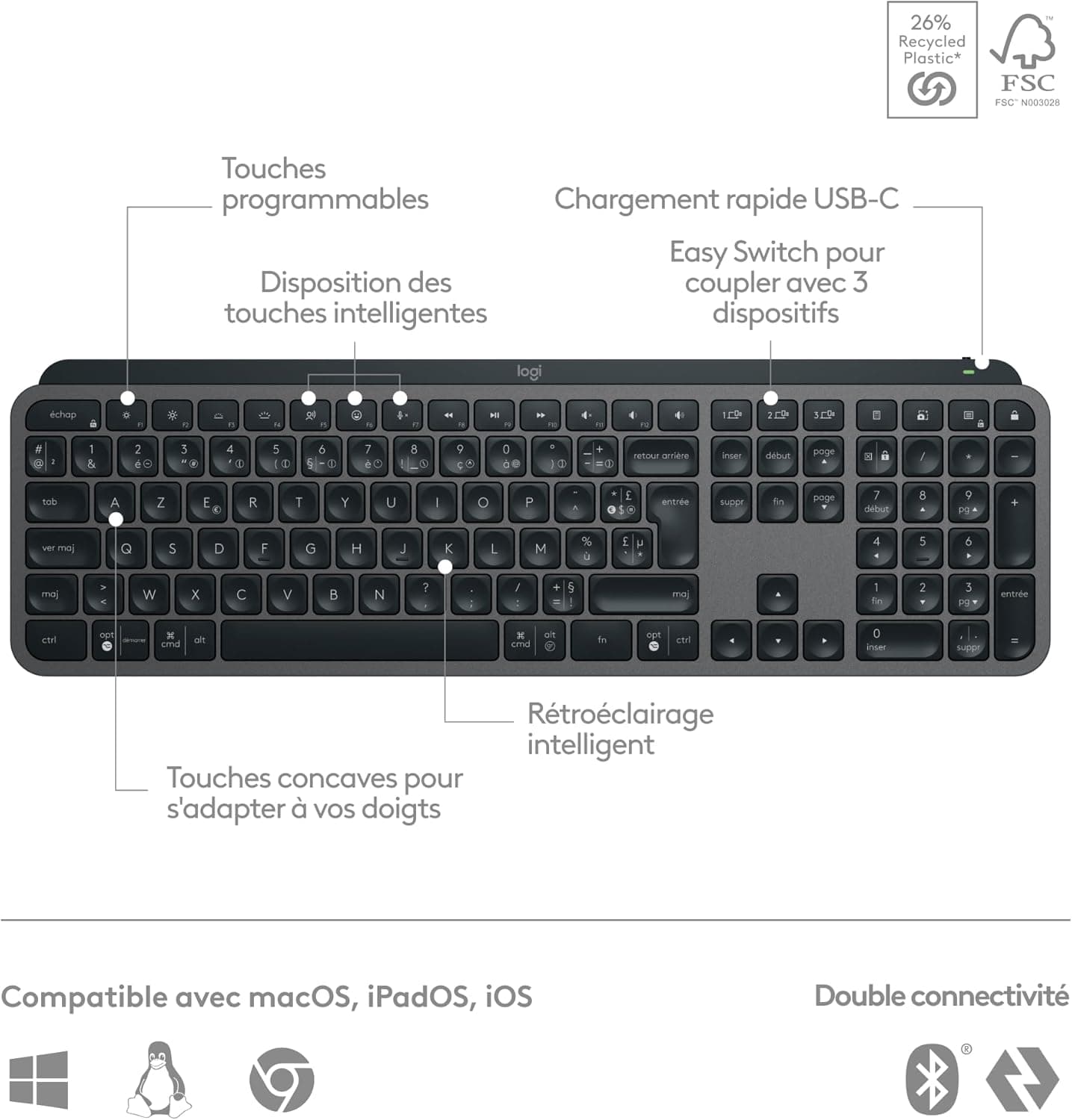 Logitech MX Keys S Clavier sans Fil Rechargeable USB C (Gris) | Clavier Silencieux, Plat, Rétroéclairé, Touches Ergonomiques, Bluetooth, Windows PC, Linux, Chrome, Mac, AZERTY Français
