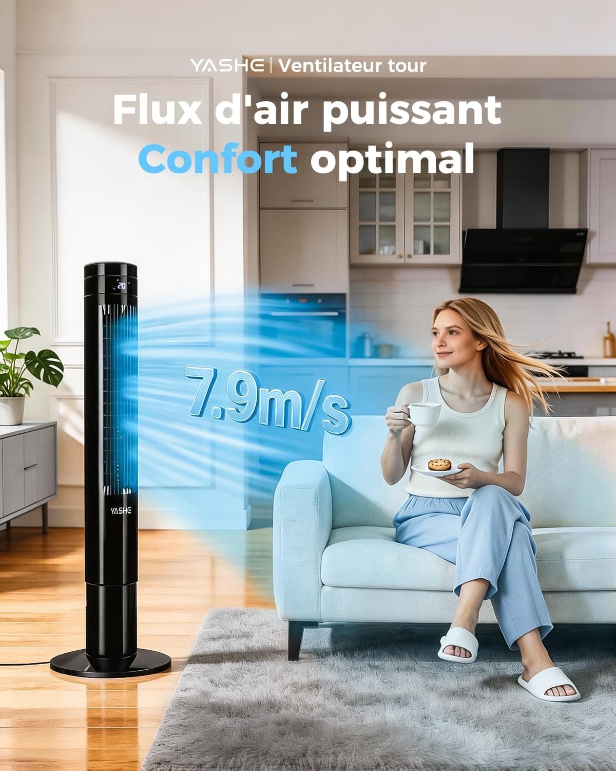 YASHE Ventilateur colonne 110 cm avec télécommande, silencieux 28 dB | Oscillation 85°, 12 h minuterie, 3 modes, 3 vitesses et affichage LED, idéal pour chambre, bureau et maison