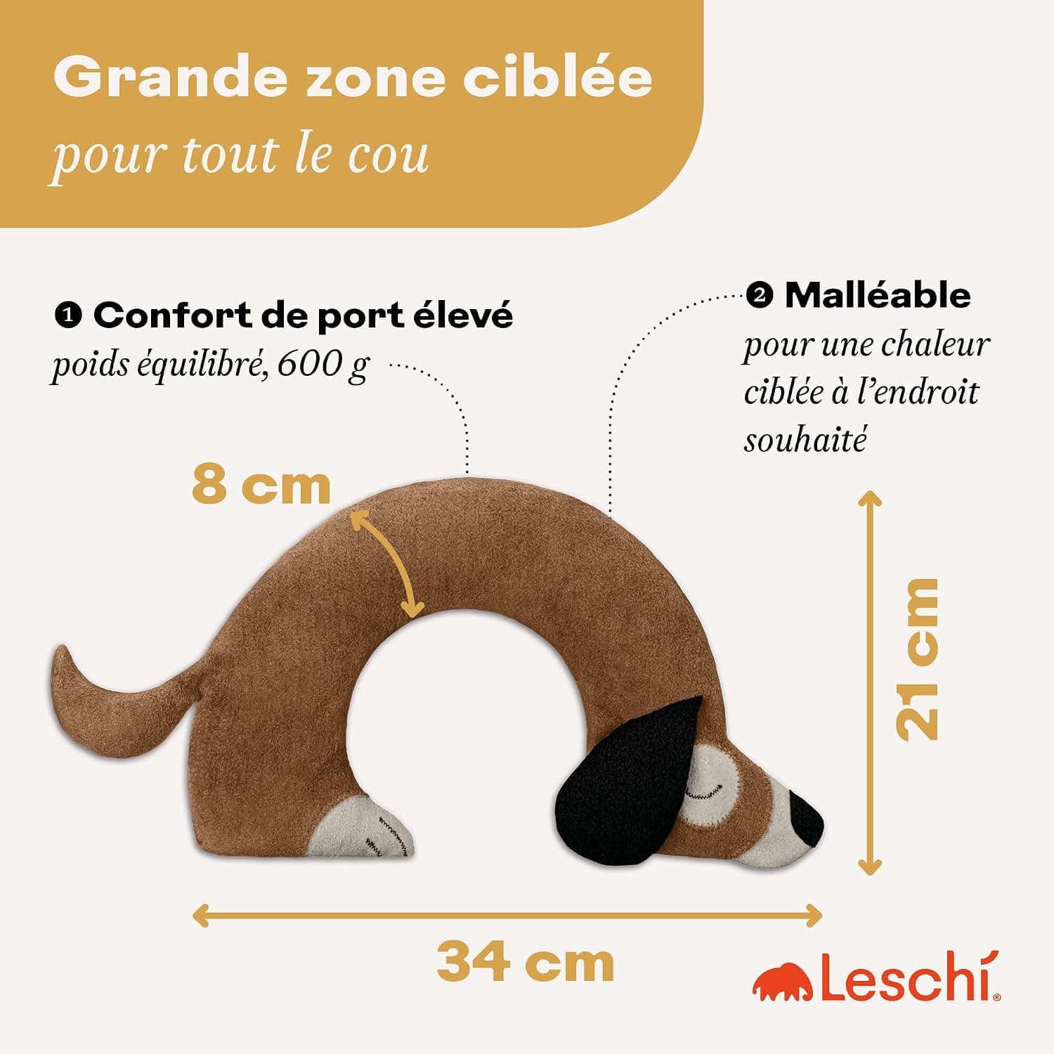 LESCHI Coussin chauffant micro ondes en coton 100% bio, Chien brun doré, Bouillotte graines de blé 100% bio, Bouillotte micro-ondes idéale pour réchauffer cervicale, épaules, cou, nuque