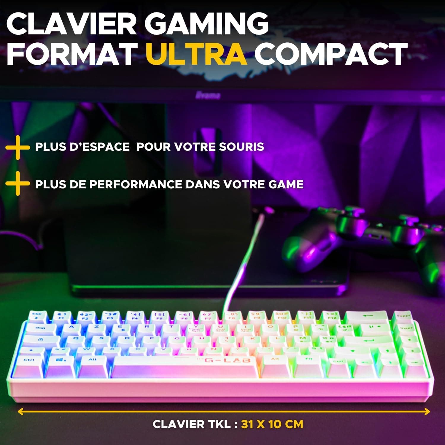 The G-Lab Combo Hydrogen - Pack Clavier Souris Gamer 60% RGB Blanc | Format 60%, Clavier Filaire, RGB, Souris 7 200 DPI, 6 Boutons, AZERTY FR