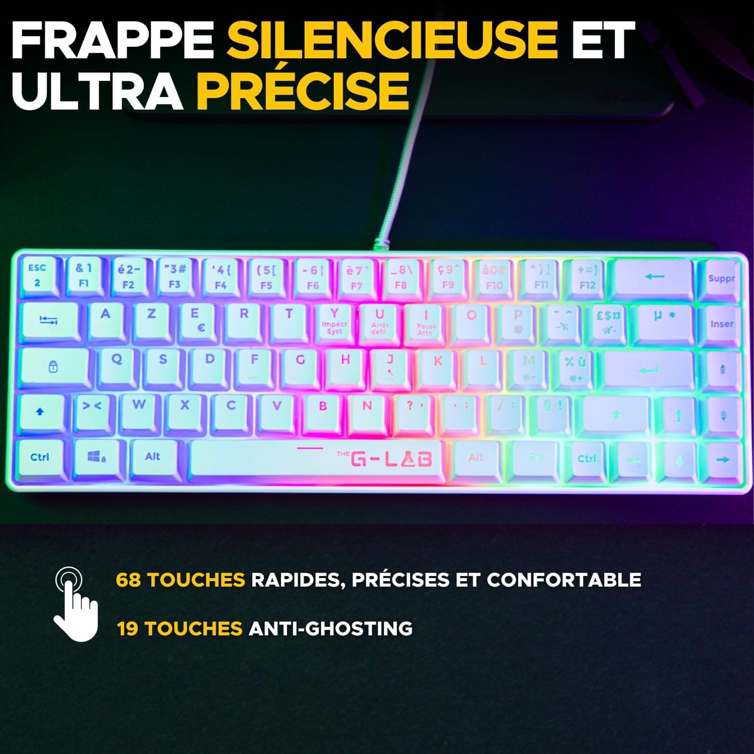 The G-Lab Combo Hydrogen - Pack Clavier Souris Gamer 60% RGB Blanc | Format 60%, Clavier Filaire, RGB, Souris 7 200 DPI, 6 Boutons, AZERTY FR