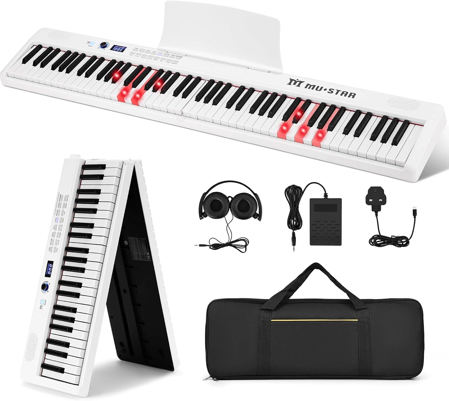 MUSTAR Piano numérique pliable 88 touches avec touches éclairées, piano numérique semi-poids, piano électronique portable avec Bluetooth, MIDI, pédale de sustain, casque pour débutants, blanc