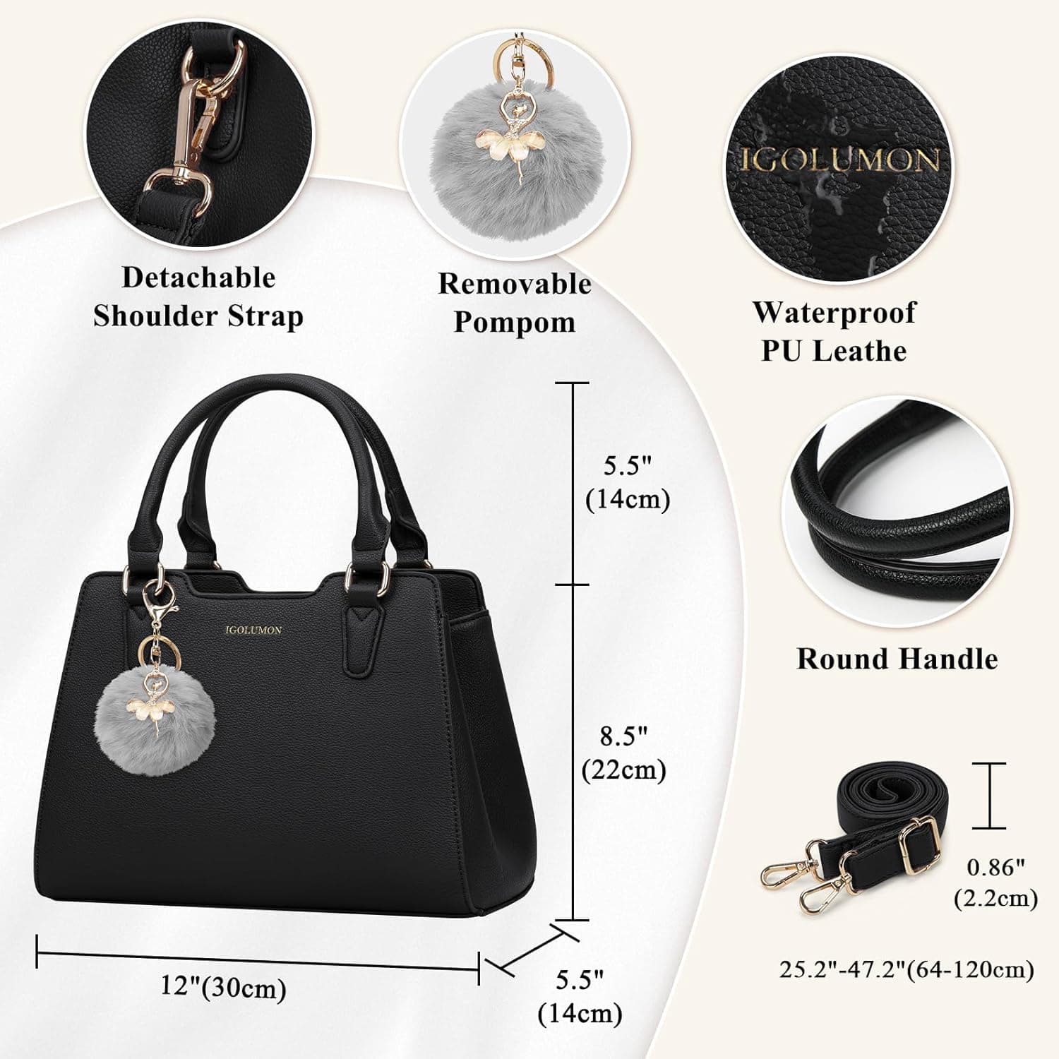 IGOLUMON Sac a Main Femme Cuir Sacs à Main Portés Main Femme Sac à Main Bandoulière Sac Bandouliere Sacs Bandoulière Sac Fourre Tout Sac Besace Sacoche Femme pour Université Travail Noir