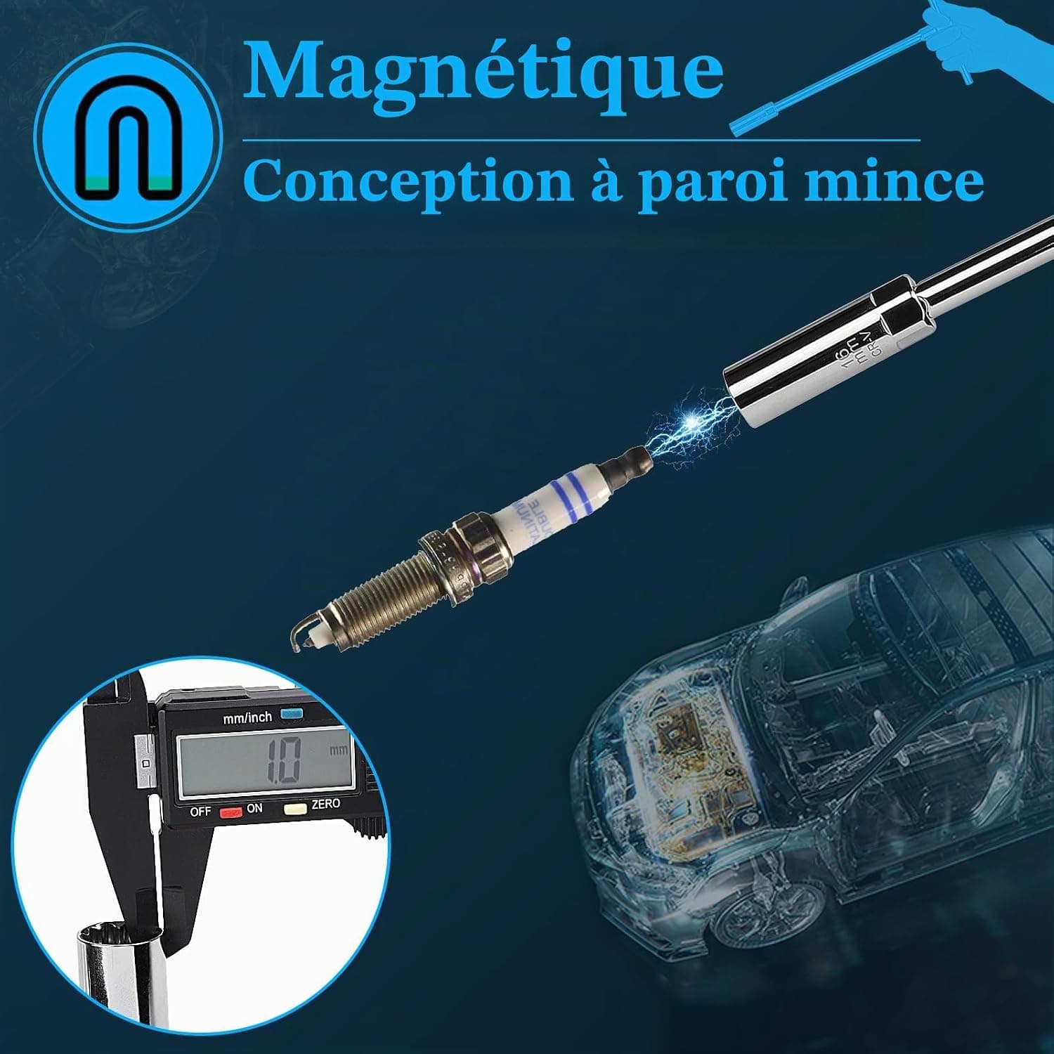 efuturetime Clé à Bougie 14/16 mm Douille Magnétique 3/8" à 12 Dents | pour Prechauffage, avec Poignée en T Coulissante, Combinaisons Flexibles