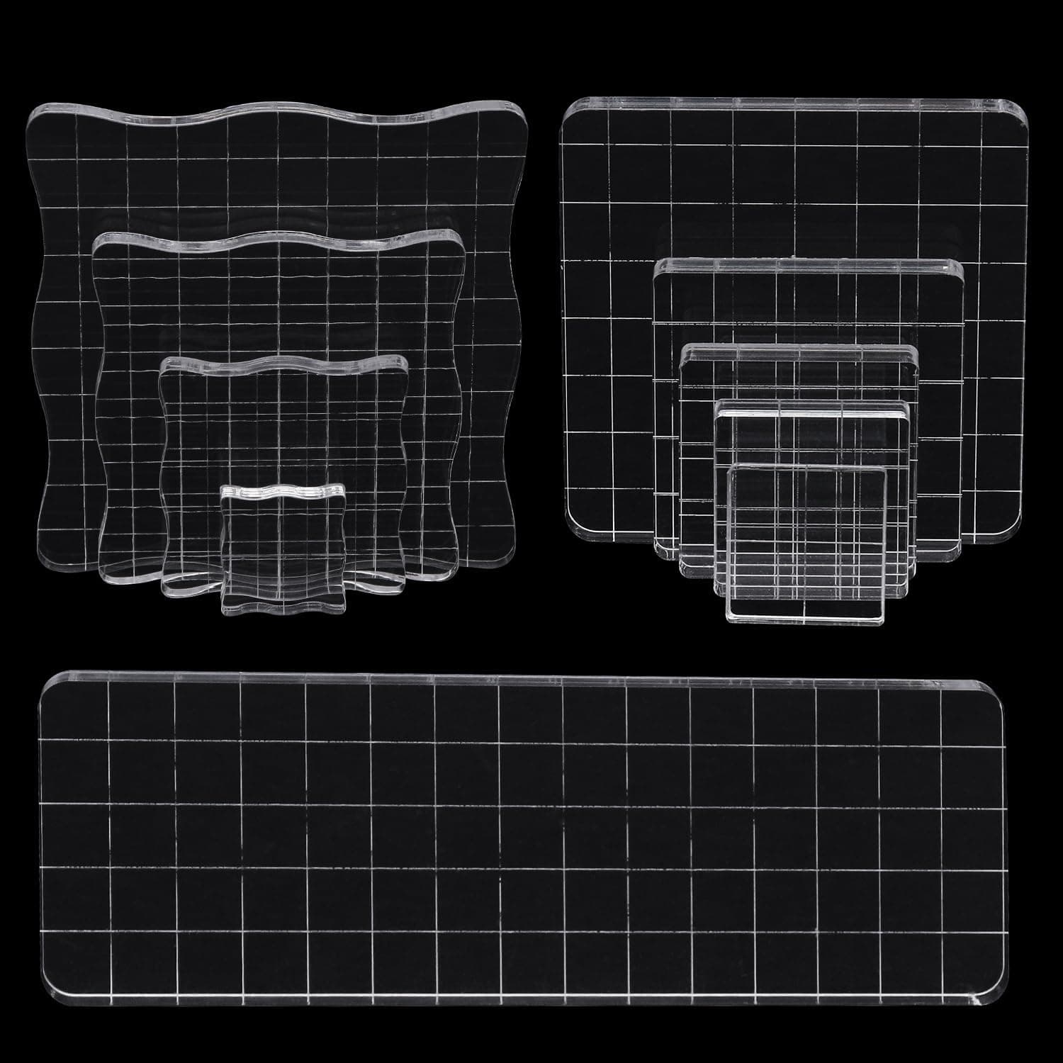 Kit 10 blocs acryliques pour tampons silicone, avec grille. Transparents, adaptés estampage, cartes, artisanat.