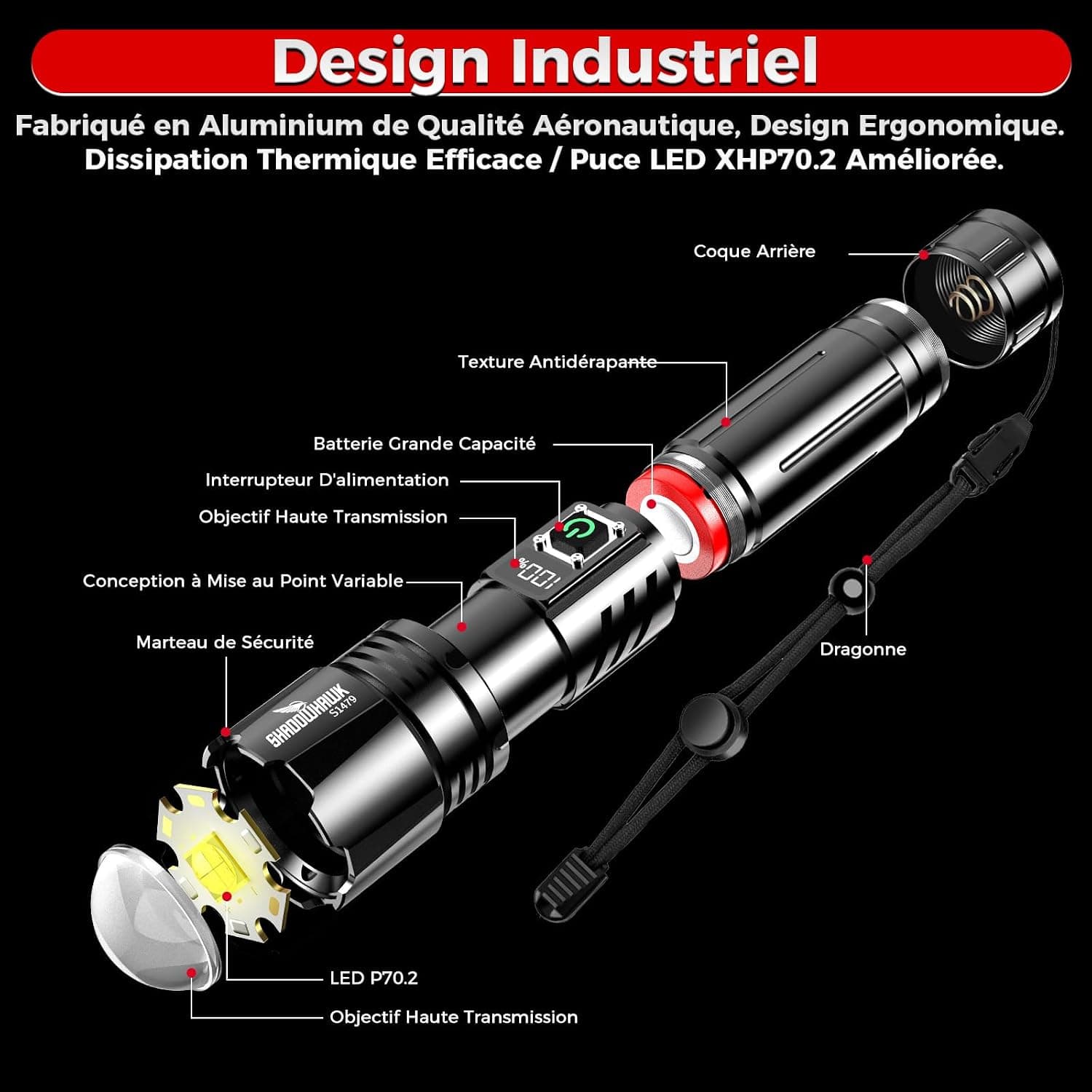 Shadowhawk Lampe Torche Led Ultra Puissante 24H Éclairag,2X5000mAh Batterie
