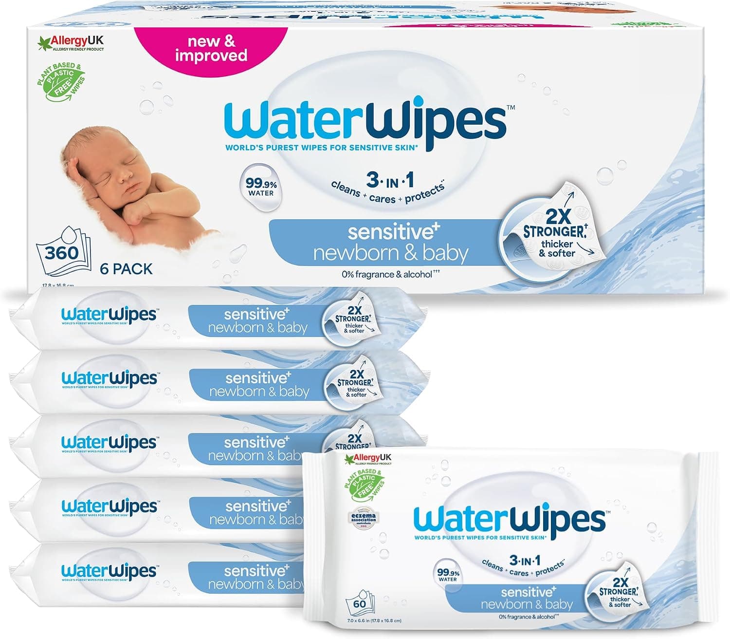 WaterWipes Peau Sensible+ Lingettes Nouveau-Né et Bébé, 6 Paquets