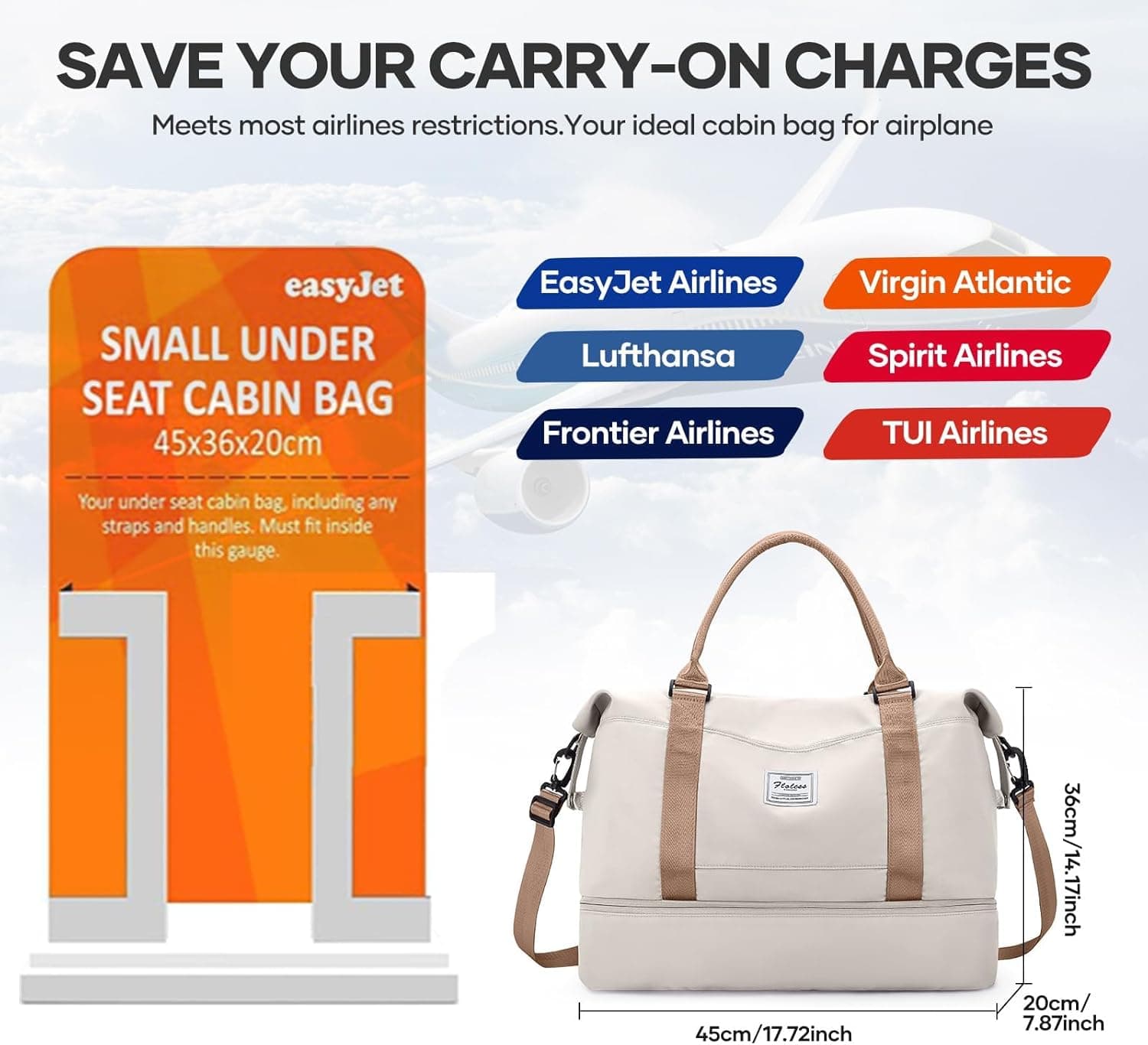 Sac de Voyage 45x36x20 pour Easyjet,Bagage à Main Léger, Sac fourre-Tout de Sport Imperméable pour Week-End avec Compartiment à Chaussures pour Travel Gym Danse,A01-Beige Marron