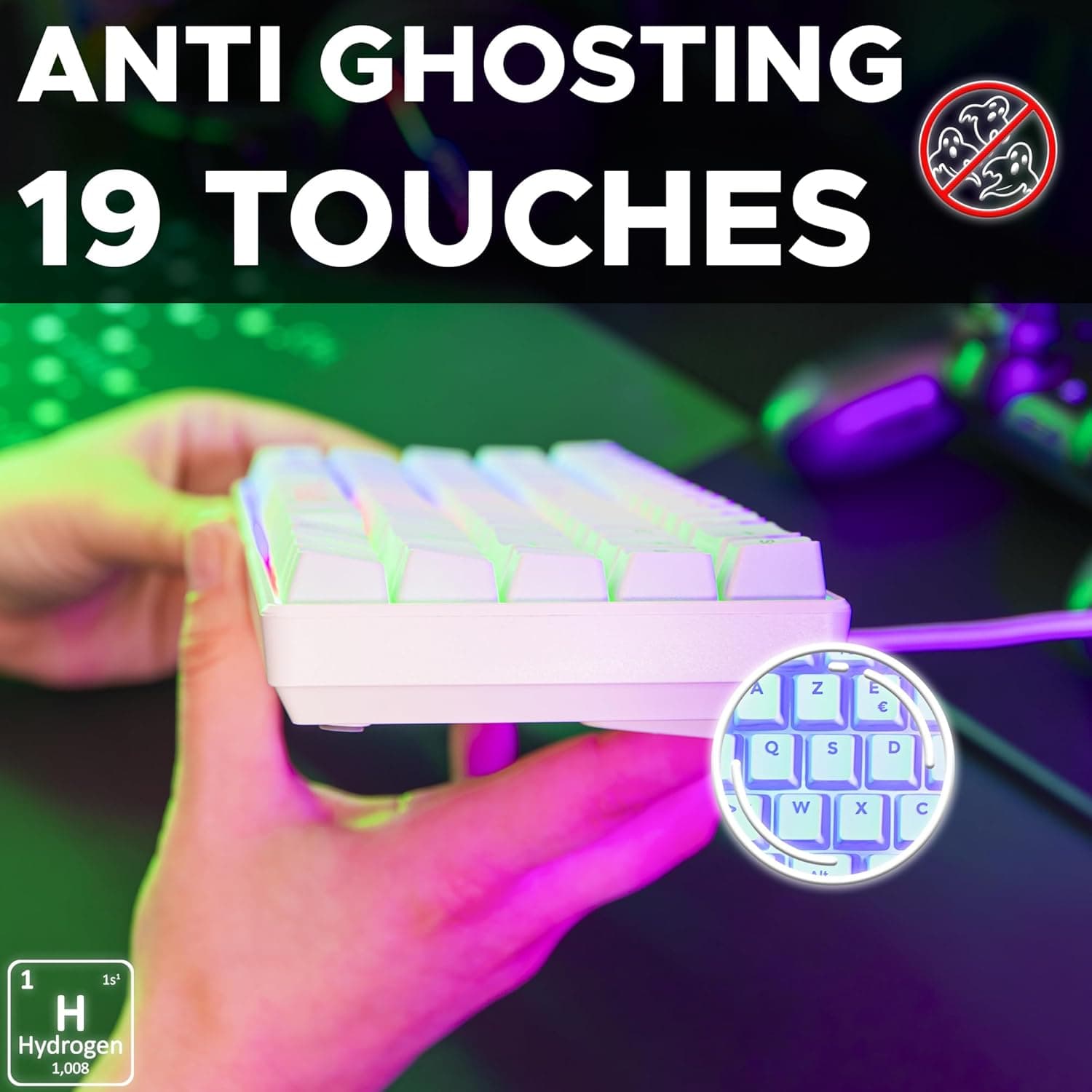 The G-Lab Keyz Hydrogen, Clavier Gamer 60%, Semi-mécanique Filaire Azerty, Rétroéclairage Multicolore- Mini Clavier Gamer Silencieux, Format Compact TKL - PC/PS5 (Blanc) | Filaire USB, Format 60% Compact, Semi-mécanique, Rétroéclairage Multicolore, Silencieux, Blanc, Compatible PC/PS5