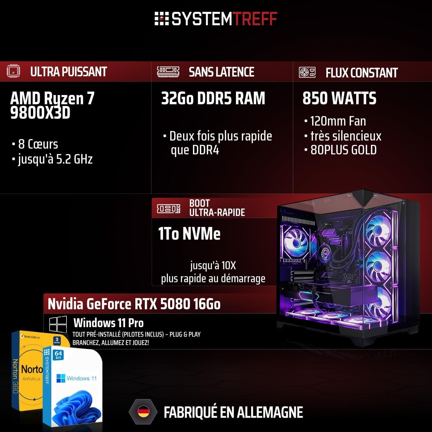 SYSTEMTREFF PC Gamer High-End - AMD Ryzen 7 9800X3D - RTX 5080 16Go