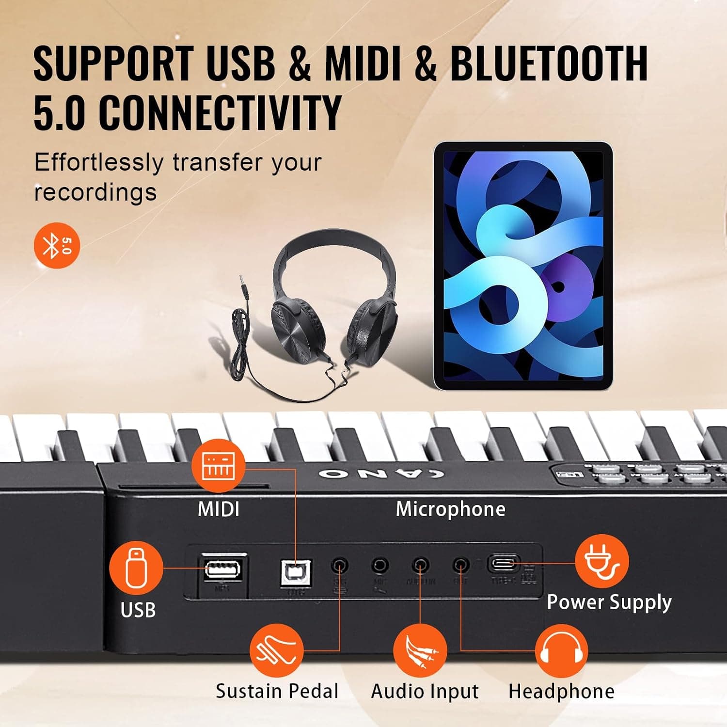 VEVOR Clavier Piano Numérique, 88 Touches Semi-lestées, Ensemble Piano à Clavier Électrique avec Support Réglable, Haut-parleurs Intégrés, Pédale de Sustain, Casque, Bluetooth MIDI USB, pour Débutants