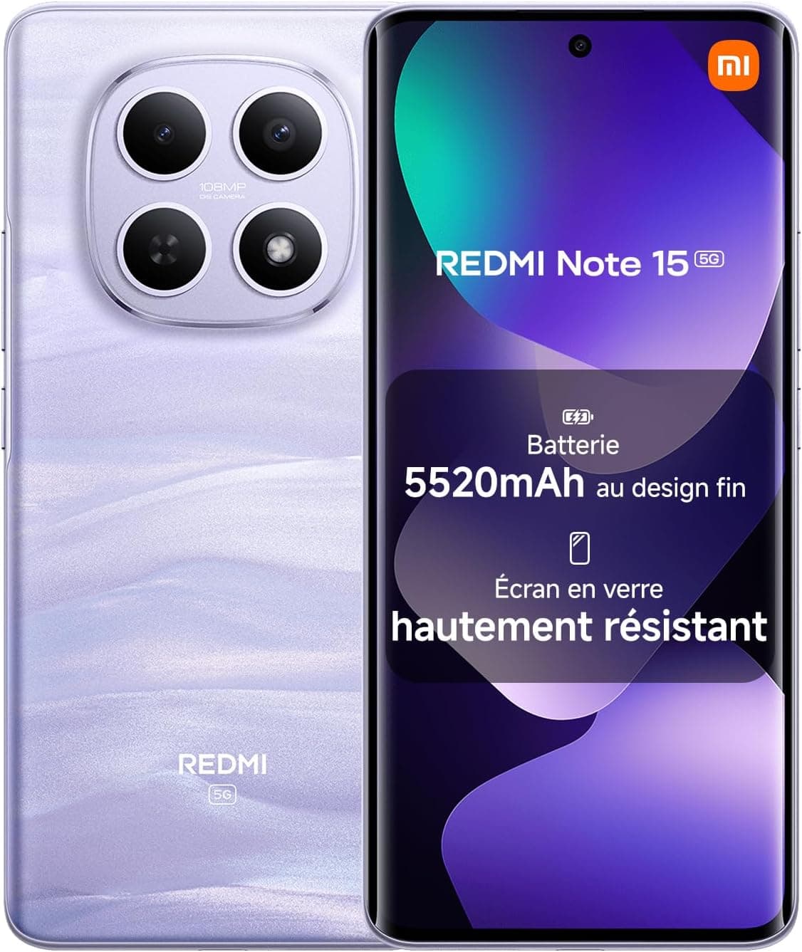 XIAOMI REDMI Note 15 5G Smartphone 8+256 Go Design Ultra-Fin - Violet Brume | Écran FHD+ 6,77", Résistance à l'eau IP65, caméra 108 MP ultra-nette, 2 ans de garantie, chargeur non inclus