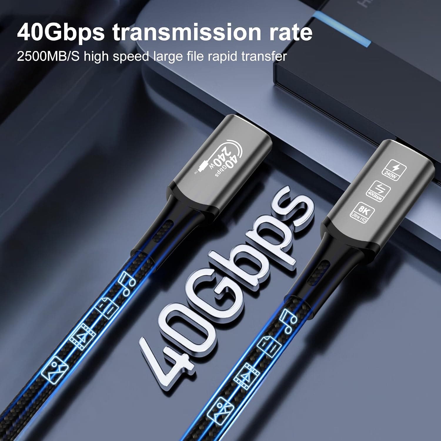 Câble d'extension USB 4 Thunderbolt 4 240 W 8K USB C M/M Charge rapide 40 Gbit/s Câble de transmission de données 8K @ 60 Hz 4K @ 144 Hz Compatible avec MacBook M1 M2 M3 (0,5 m)