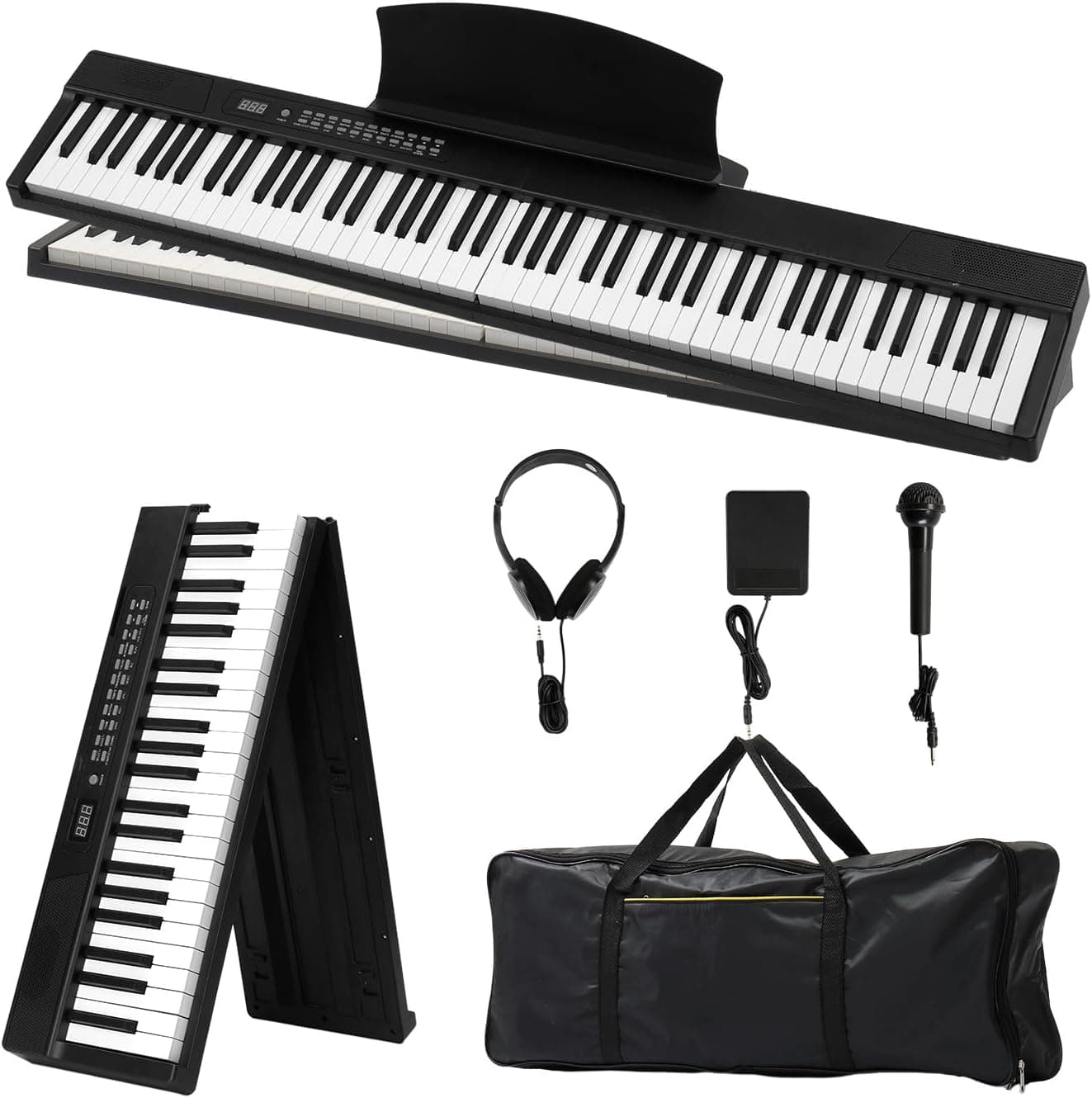 Bonnlo Piano Numérique Pliable GPPS01-106 à 88 touches, Clavier Semi-Lesté Standard, avec MIDI, Bluetooth, Sac à Main et Casque Audio Inclus, Noir