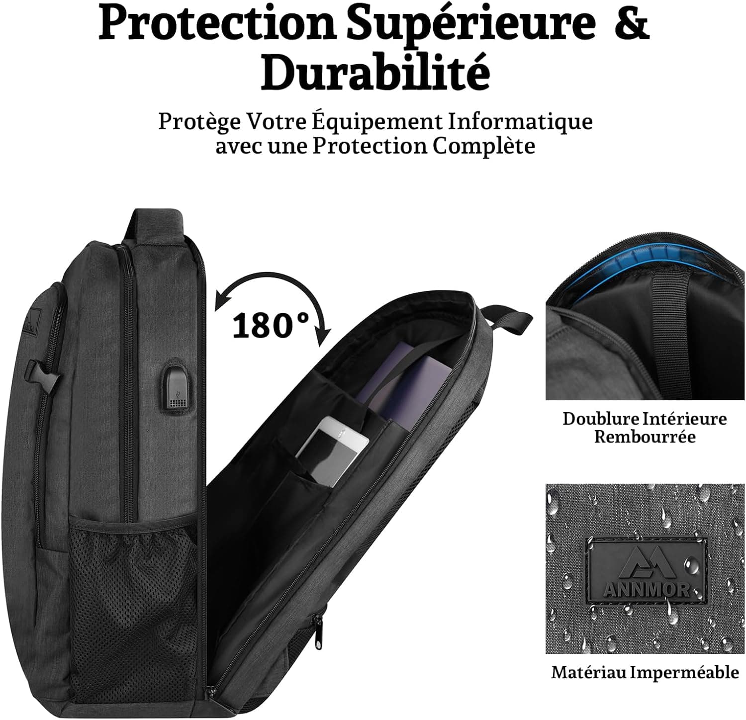 Sac à Dos Ordinateur 17,3 Pouces Homme, Sac PC Grande Capacité 35L Imperméable avec Port USB, Sac à Dos Antivol pour Travail, Université et Voyage Cabine
