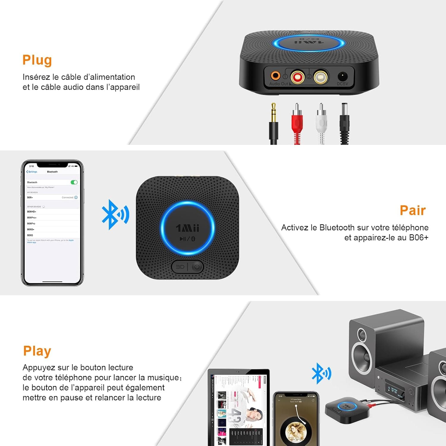 1Mii B06+ Recepteur Bluetooth, Adaptateur Bluetooth 5.3 RCA/ 3,5mm AUX Jack