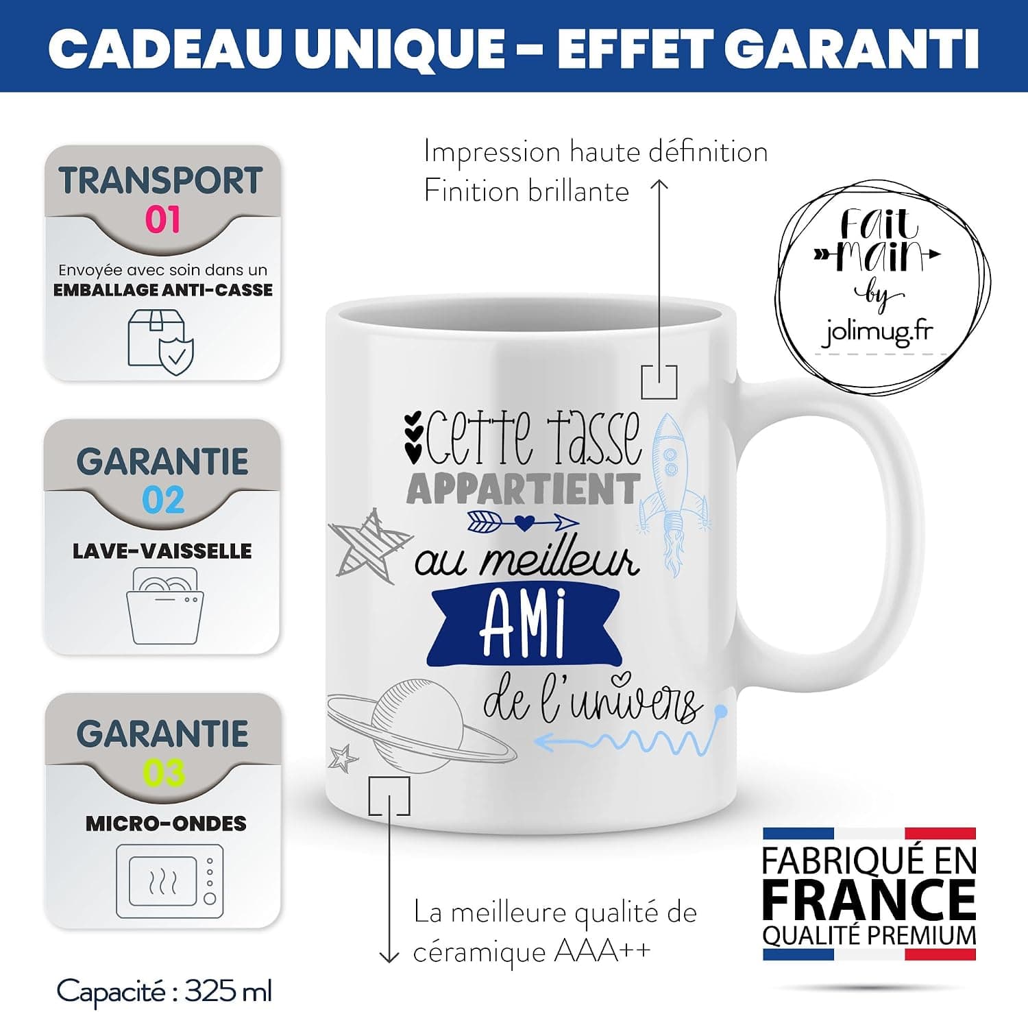 Mug ami. Famille/Tasse – Le meilleur ami de l'univers - Cadeau anniversaire Cadeau original. Céramique haute qualité 11oz - 320 ML (AMI)