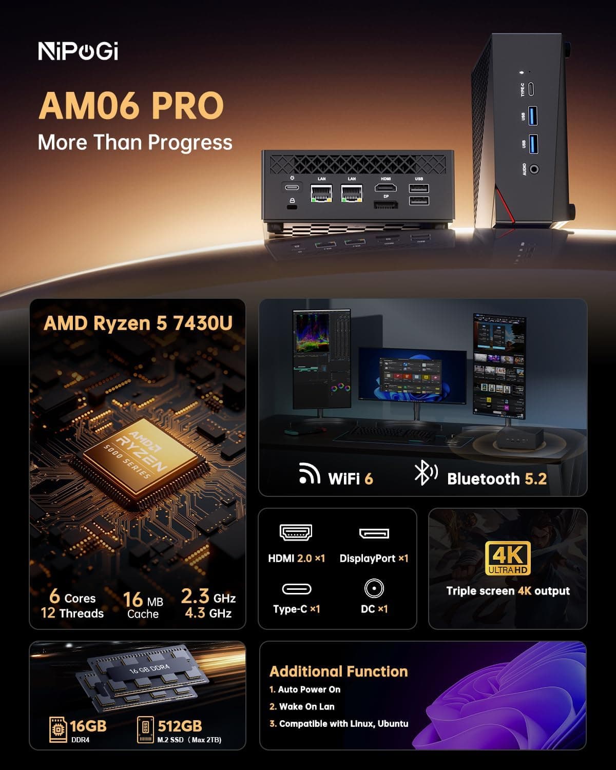 NiPoGi AM06 Pro Mini PC W-11 Pro, Ryzen 5 7430U(6C/ 12T, jusqu'à 4,30 GHz)