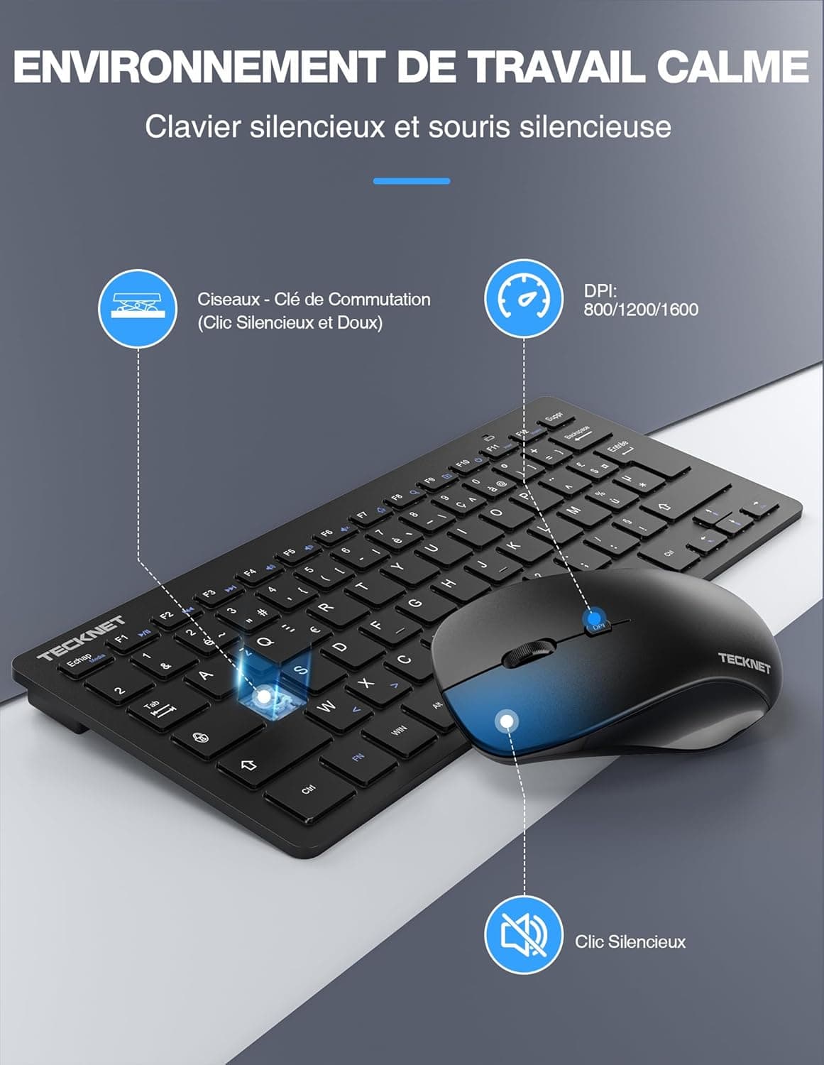 TECKNET Clavier et Souris sans Fil France AZERTY, 2.4G Silencieux, Noir | Récepteur Nano USB, 12 Raccourcis Multimédia, pour Ordinateur, PC, Ordinateur Portable, Ordinateur de Bureau
