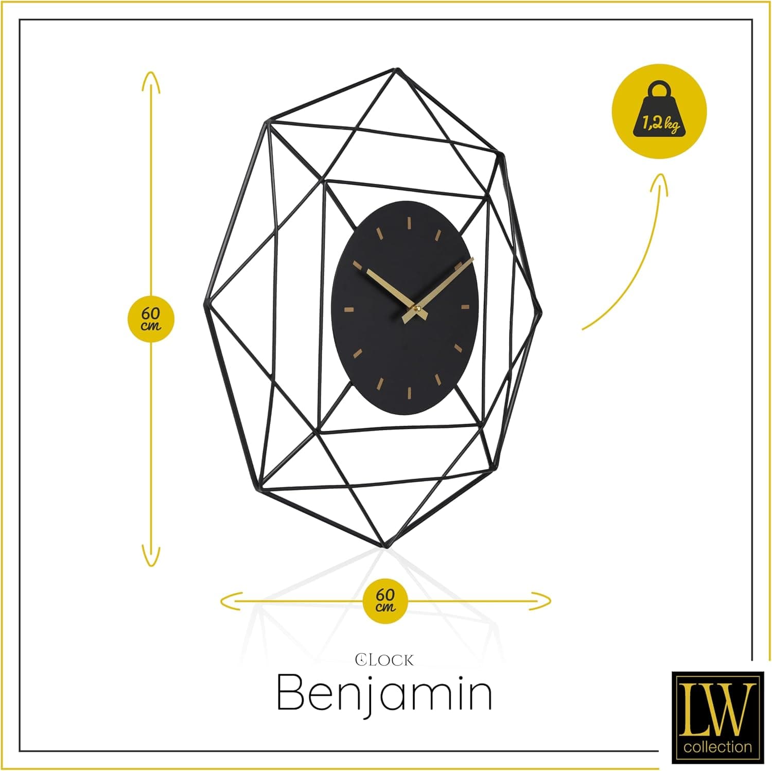 LW Collection Horloge Murale Benjamin Noir 60 cm - Grande Horloge Murale Industrielle en Métal - Horloge Murale Moderne - Mouvement Silencieux - Horloge Silencieuse