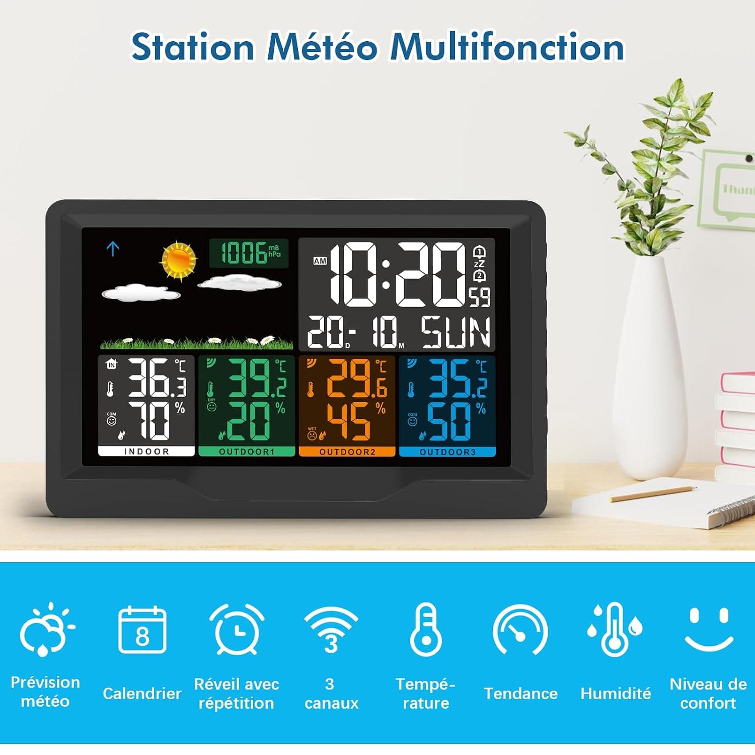 Station Meteo Interieur Exterieur Sans Fil avec 3 Capteurs, Écran Couleur, Station Météo avec Baromètres, Prévisions Météorologiques, Thermomètre Hygromètre, Affichage Température et Humidité, Réveil