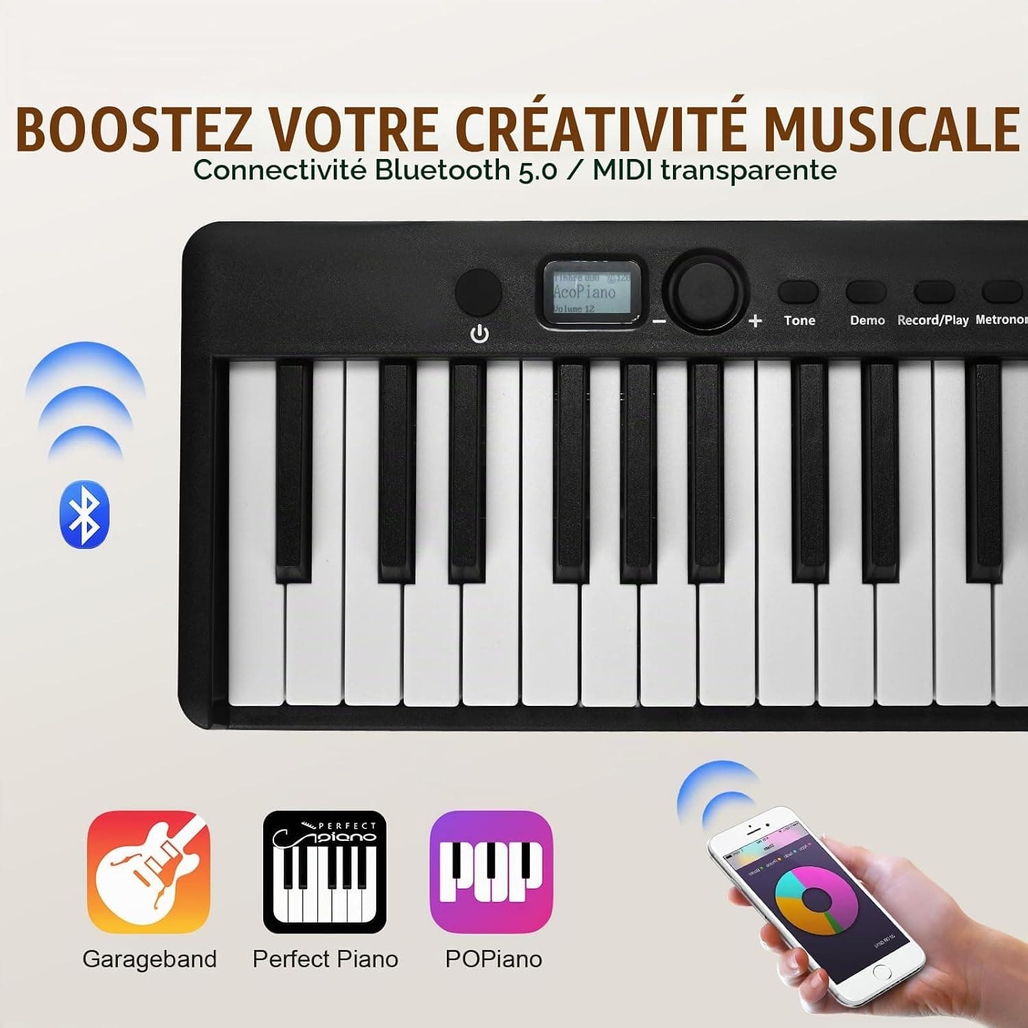 VEVOR Clavier Piano Pliable 88 Touches, Bluetooth et MIDI, Piano Électronique Numérique Portable avec Pédale de Sustain, Touches Lumineuses, Rechargeable pour Débutants, Adolescents, Adultes, Noir