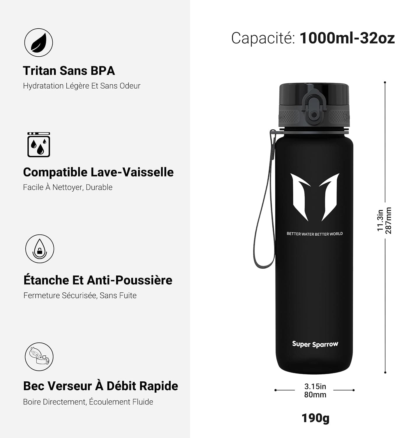 Sparrow Gourde Sport 500ml/750ml/1L - sans BPA - Tritan Plastique Bouteille