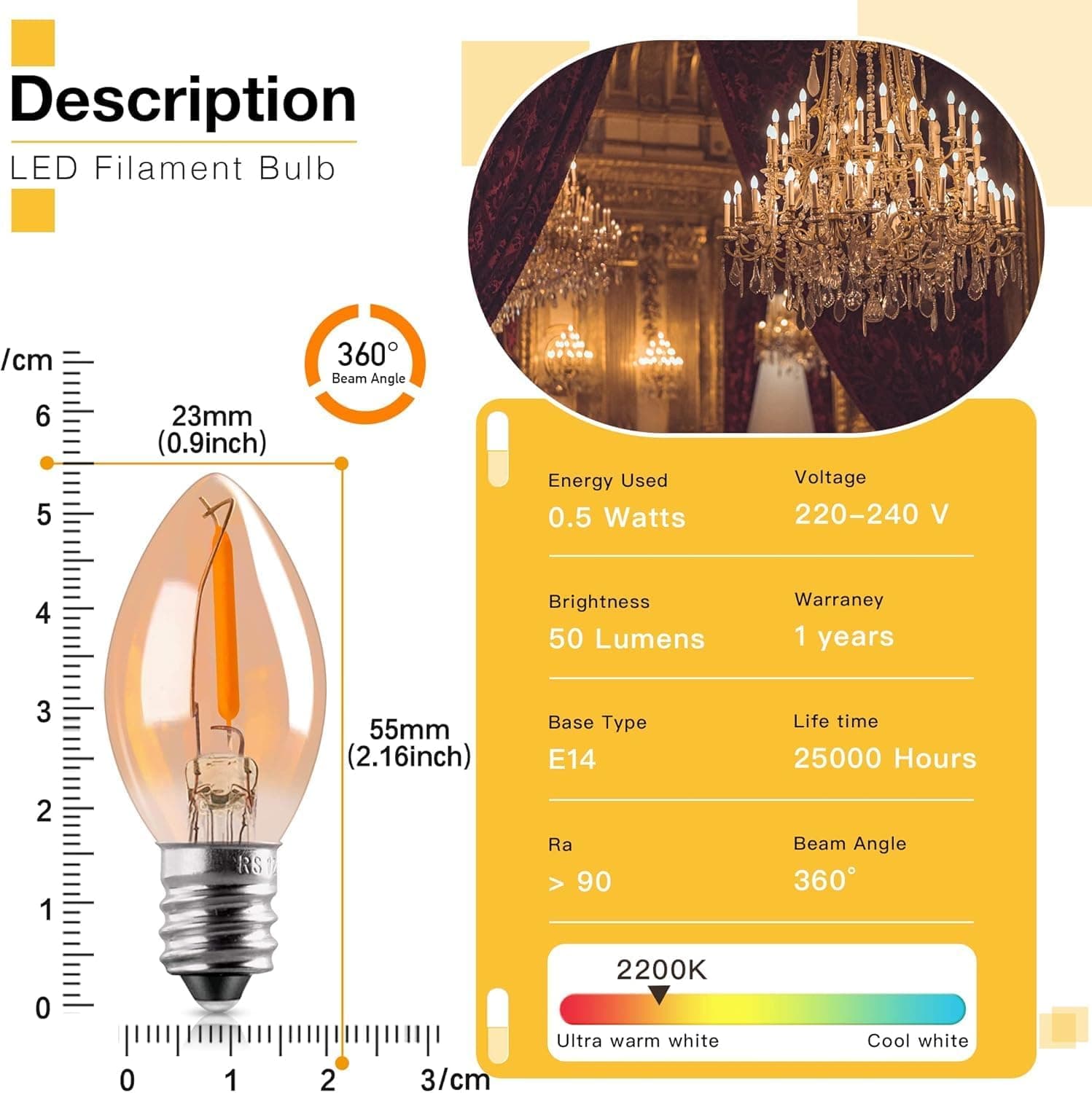 Genixgreen C7 LED Ampoule 0.5W E14 Edison Lampe de Nuit, Équivalent à 5 W