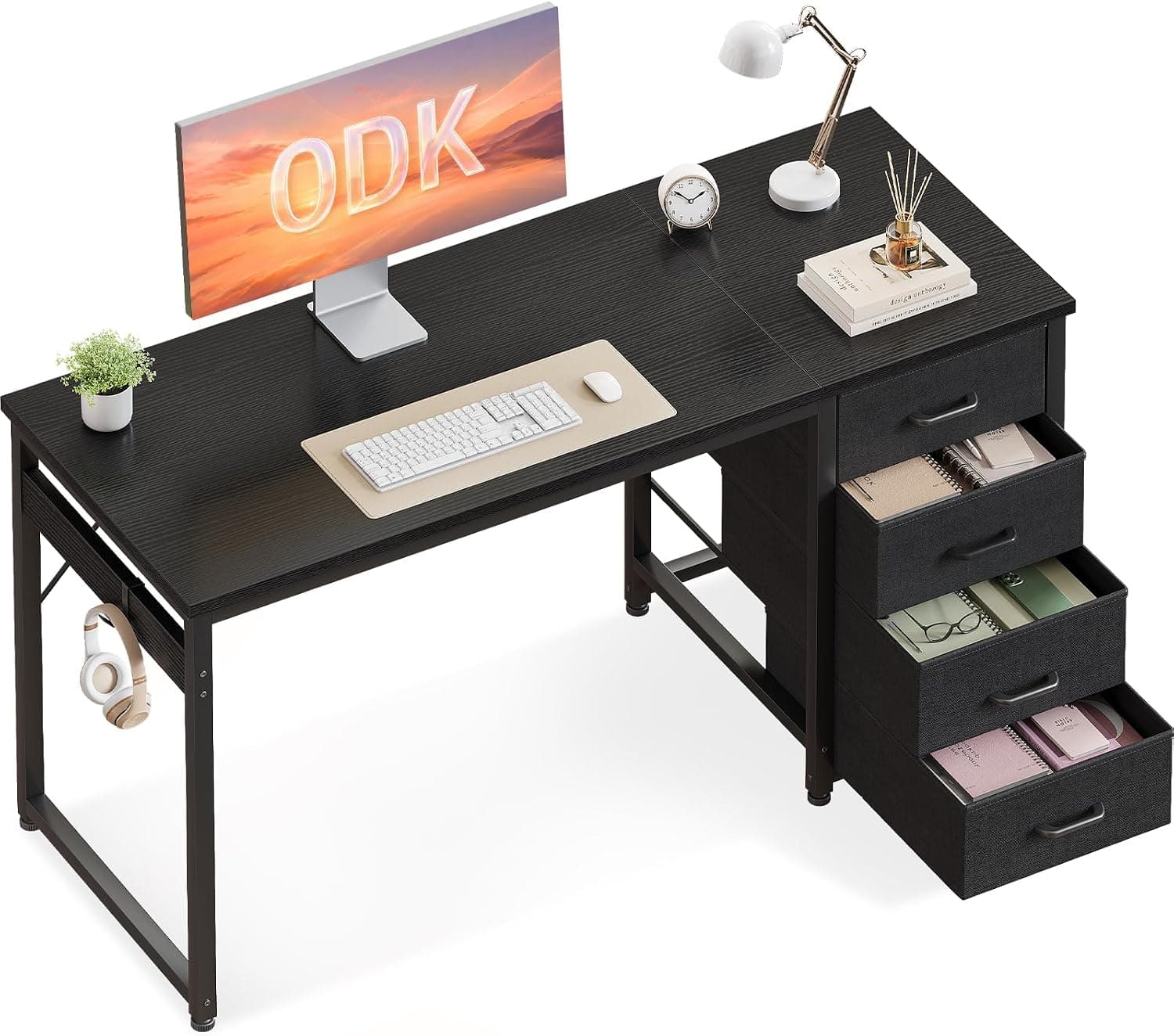ODK Bureau avec 4 Tiroirs en Tissu, 120x48cm Noir