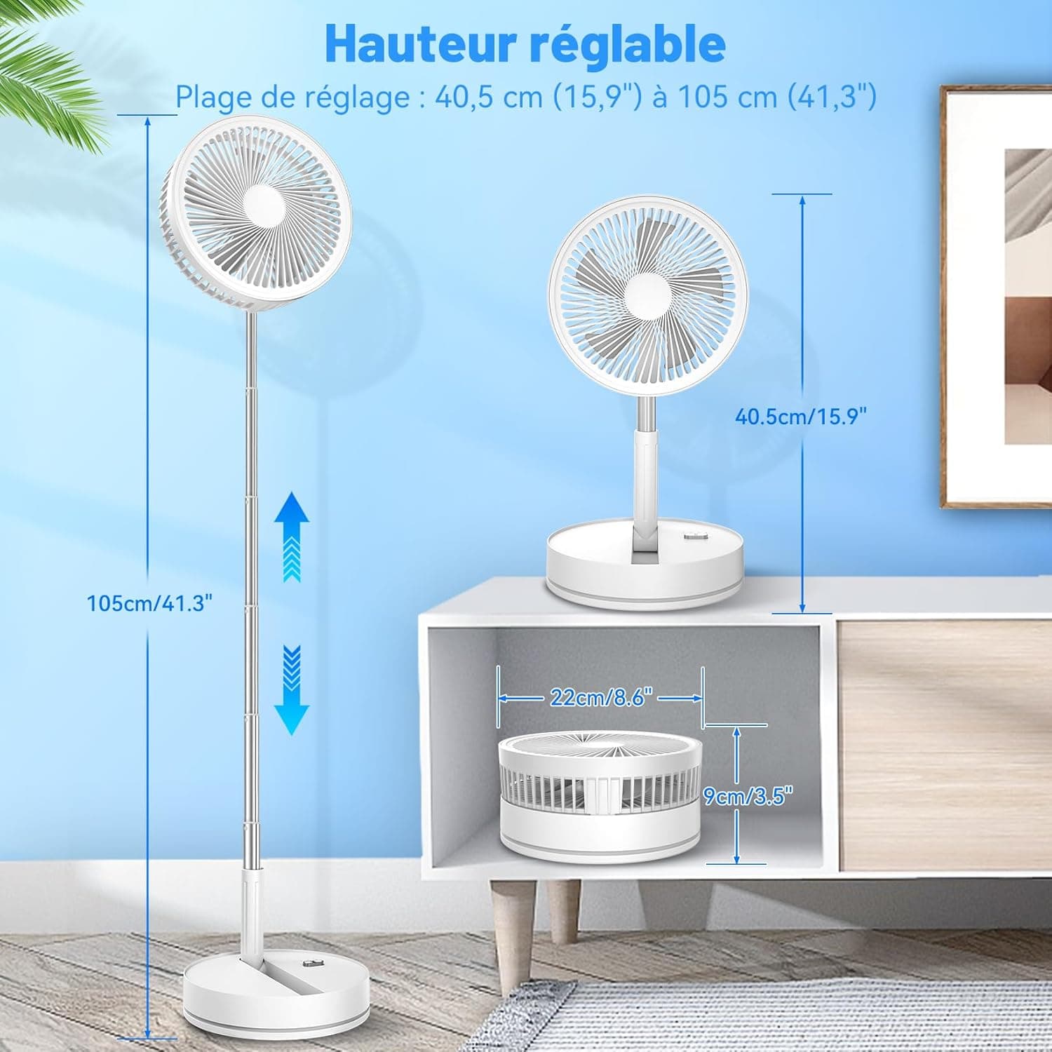 Ventilateur sur Pied Oscillant Silencieux avec Télécommande - 8.6'' Pliable | 8000mAh USB Rechargeable Portable Sol/Table Ventilateurs 4 Vitesses/Timer, Piédestal Fan pour Chambre Bureau Camping Voyage