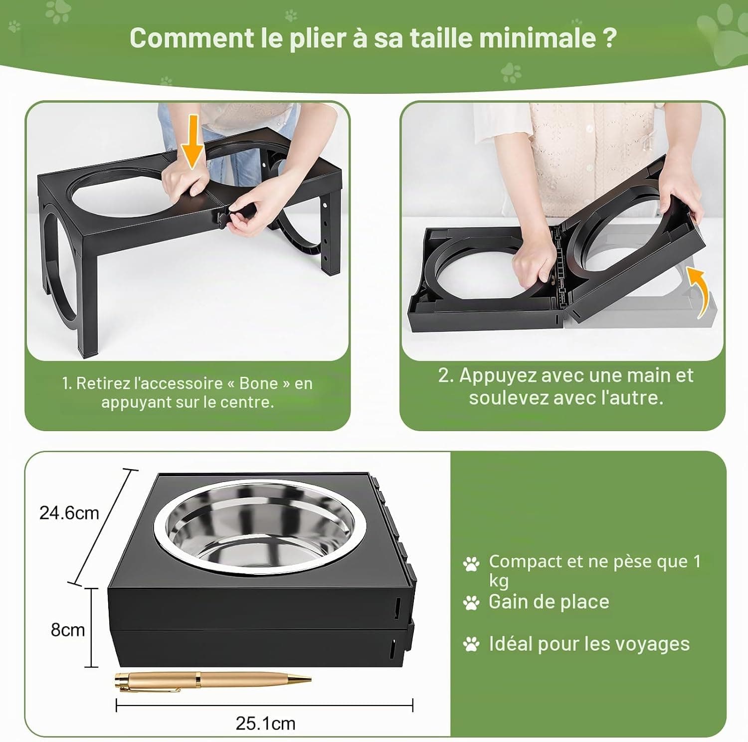 X XBEN Gamelle Chien Surélevées de 5 Hauteurs Ajustables, Gamelle pour Chien avec 2 Bols en Acier Inoxydable de 1,5L, Pliable, Antidérapant, Convient aux Petits, Moyens et Grands Chiens