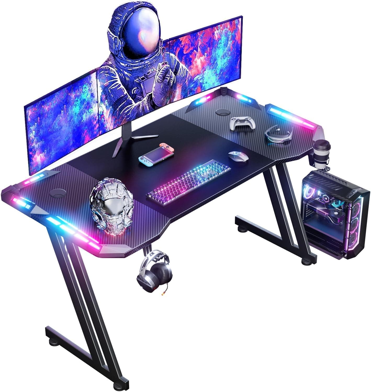 HLONONE Bureau Gaming LED, Ergonomique 120×60cm, avec Tapis de Souris, Noir