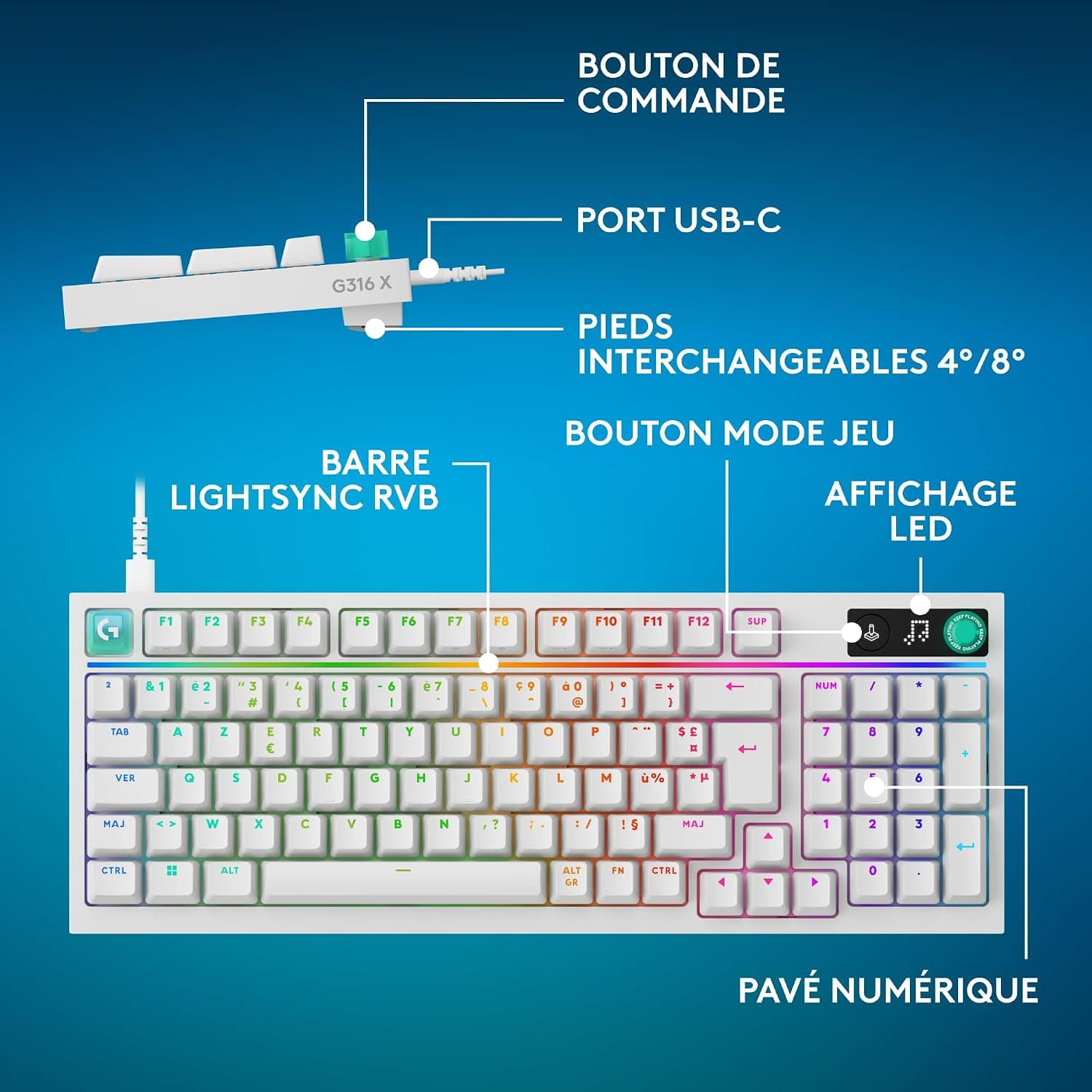 Logitech G G316 X 98, Clavier Gaming | 8 kHz, switchs tactiles hot-swap, structure joint, LED & molette, touches PBT, USB-C, RVB LIGHTSYNC, PC, FRA AZERTY - Blanc
