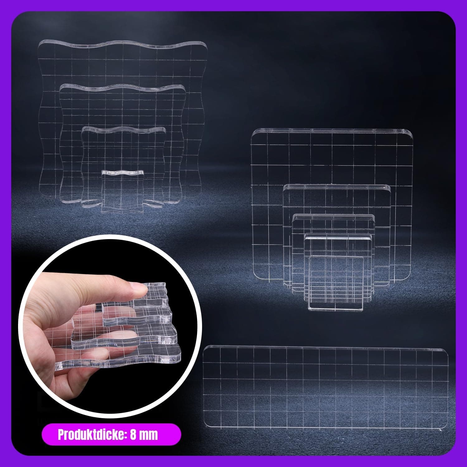 Kit 10 blocs acryliques pour tampons silicone, avec grille. Transparents, adaptés estampage, cartes, artisanat.