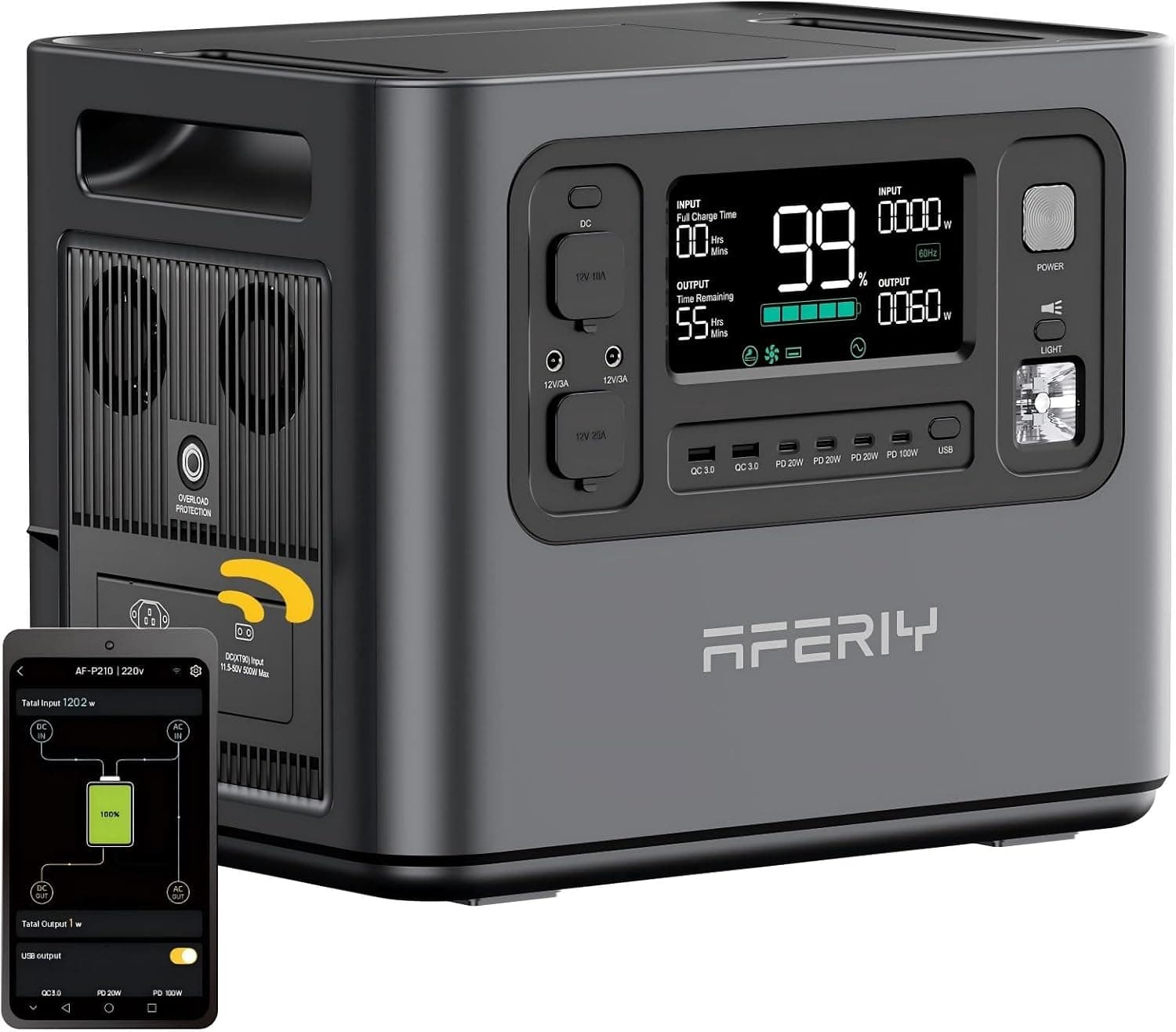 AFERIY Generateur Electrique Portable 2400W, Batterie Nomade 2048Wh, Charge Rapide 1h40, 13 Connexions, 220-2400V, Alimentation Sans Interruption, Station Électrique Portable pour Camping et Maison