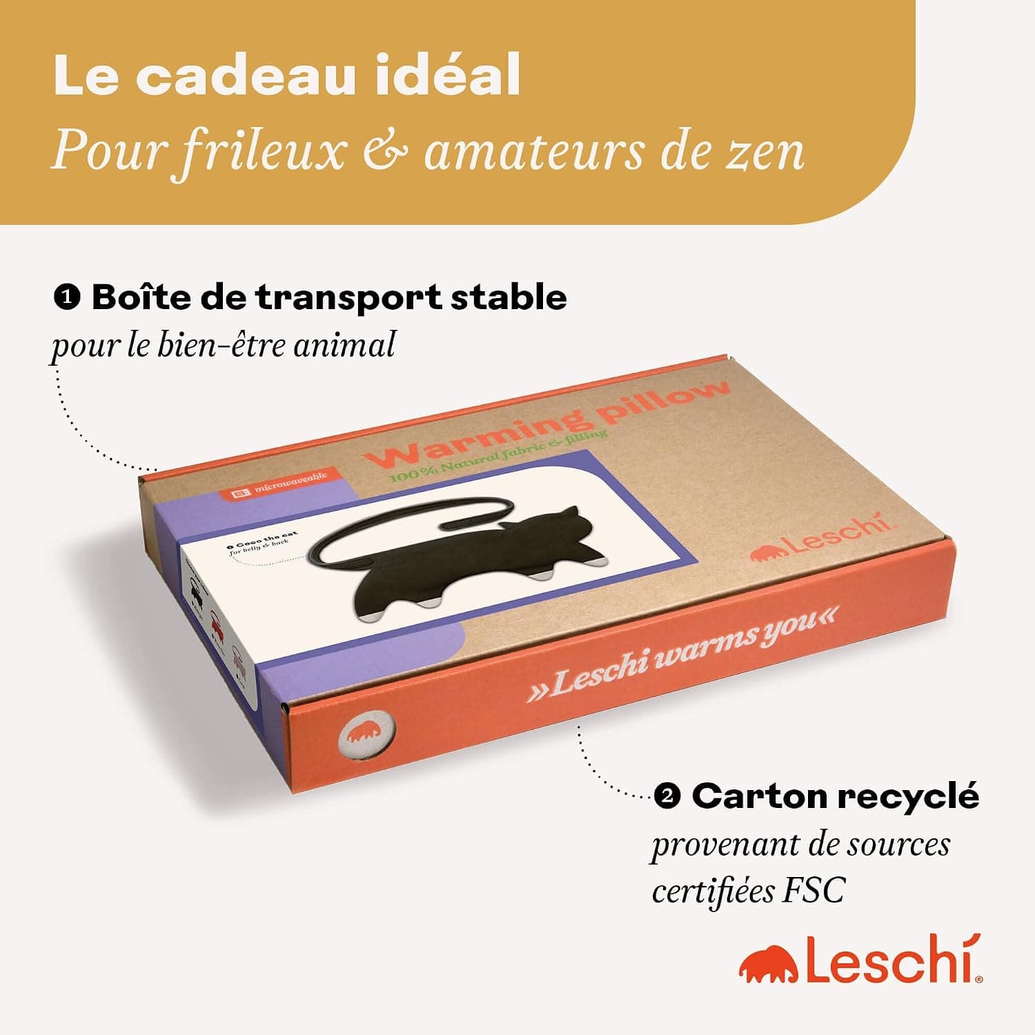 LESCHI Coussin chauffant micro-ondes en coton 100% bio, 10 compartiments, Chat noir, Bouillotte graines de blé 100% bio, Bouillotte micro-ondes idéale pour soulager les douleurs menstruelles
