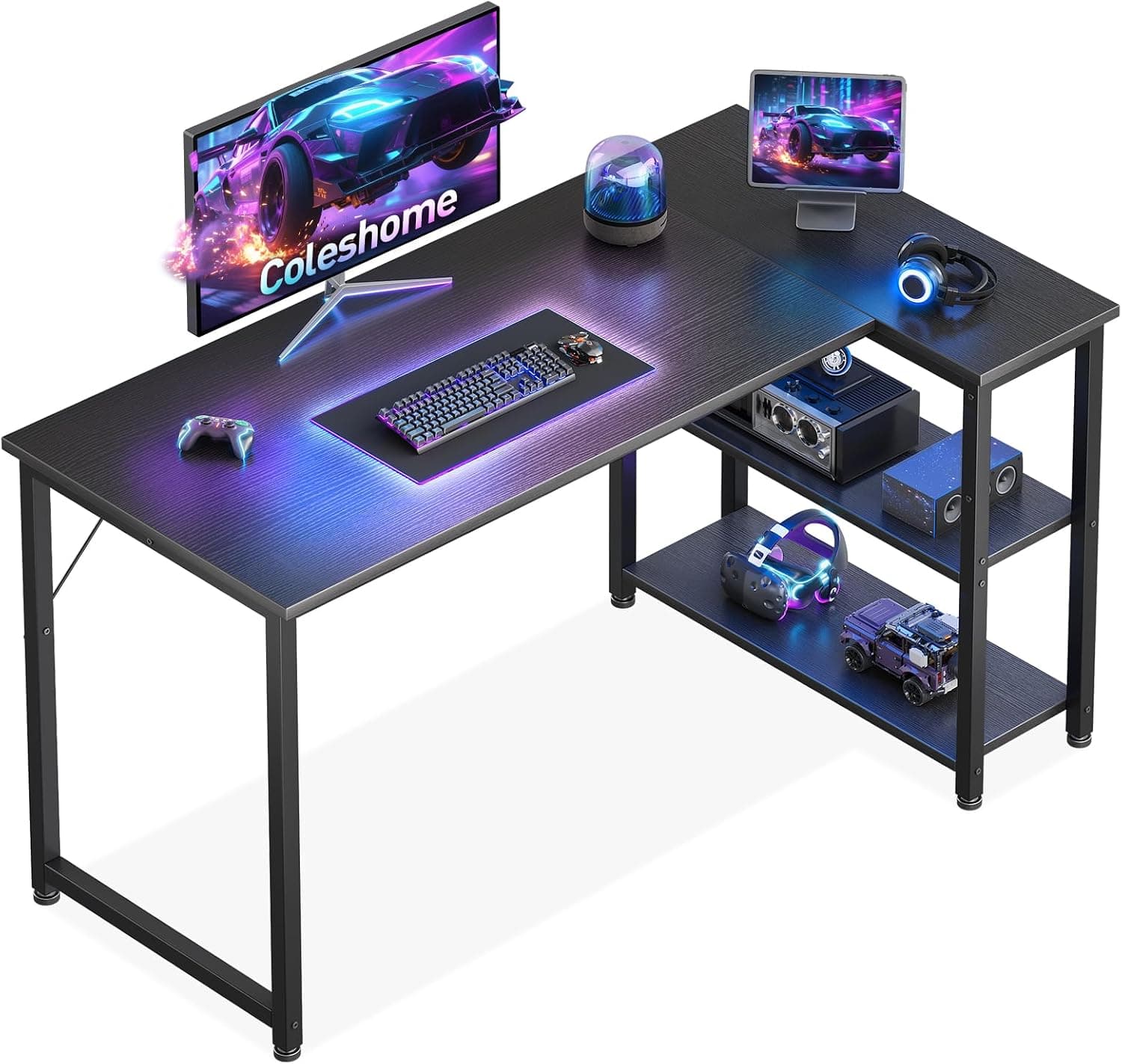 Coleshome Bureau Gaming, Bureau d'angle avec Étagère, 120 x 70 cm, Noir
