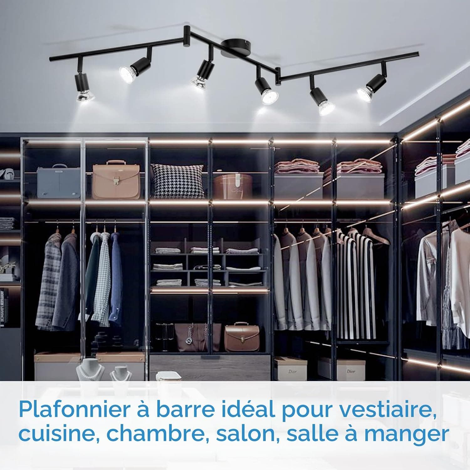 wowatt Plafonnier 6 Spots LED Noir avec GU10 5W Blanc Froid 6000K Ampoules | Moderne Rampe Interieur Plafond Orientable, Rail Luminaire Plafonnier Spot pour Chambre Salon Salle à Manger Cuisine Couloir