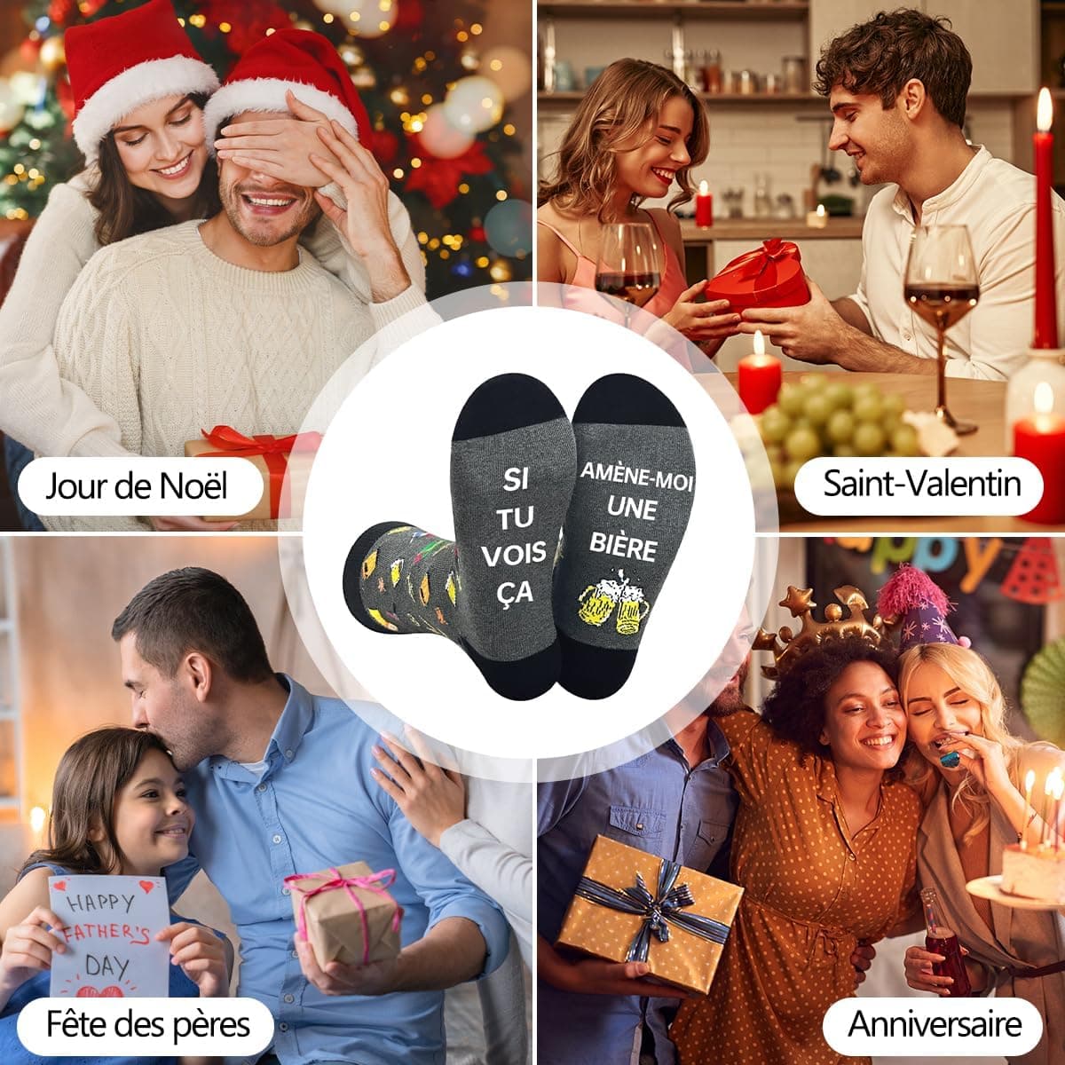 Chaussettes Homme Humour Rigolotes 39-46 Cadeau Homme Rigolo | Idée cadeau originale avec motifs bière et styles amusants, parfaite pour Noël, anniversaire ou fêtes spéciales.