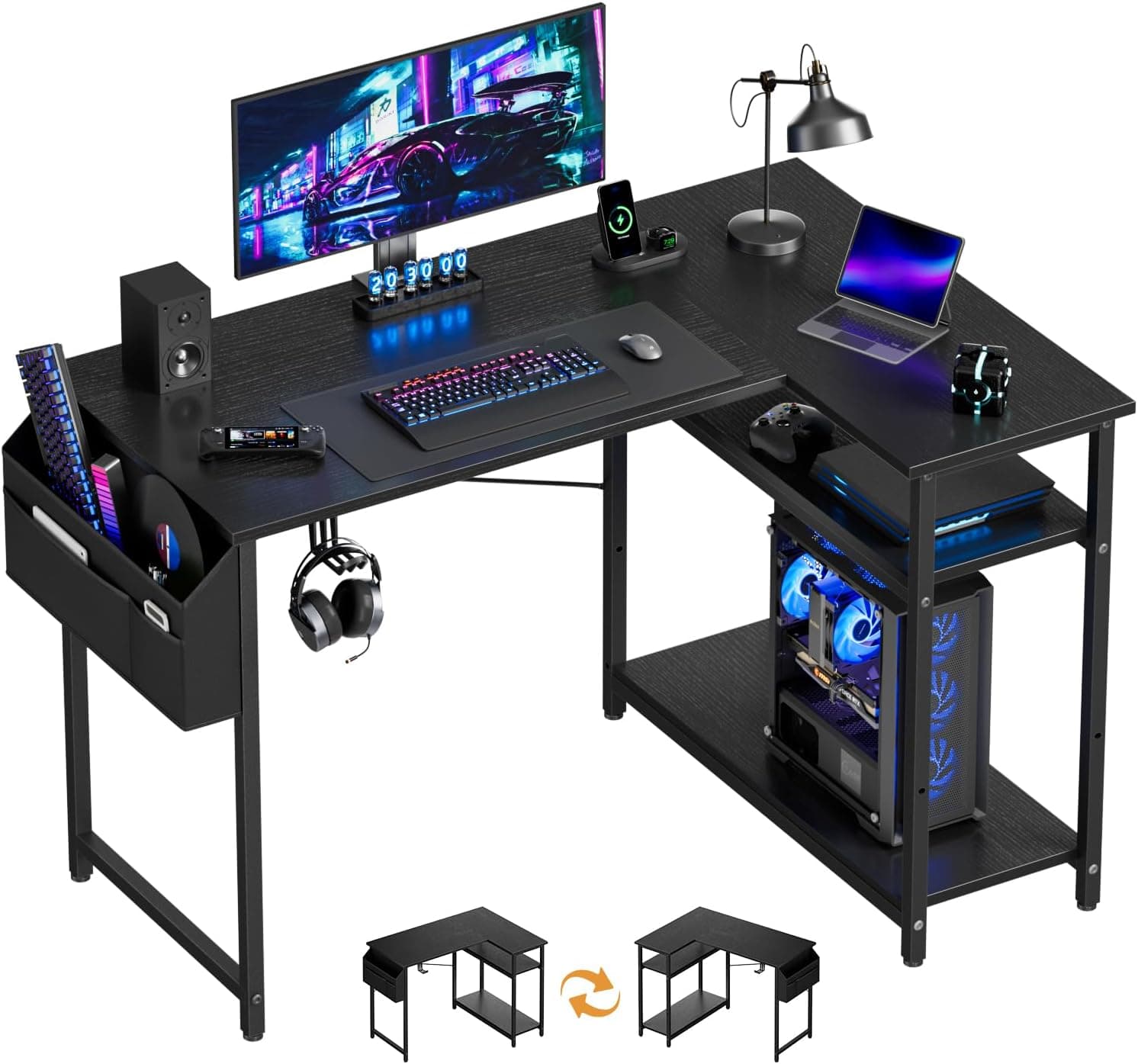SOLAVERO Bureau d’Angle Réversible, 110 x 80 cm, Réversible, Noir