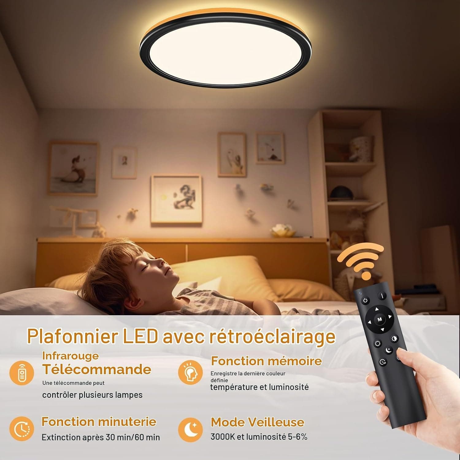 OUILA Plafonnier Led Telecommande, Dimmable Plafonnier Télécommande 24W Réglable Ø30cm 3000K-6500K Plafond Led Moderne Rond 2400LM Applicable Salle de Bain, Chambre, Cuisine, Salon(Noir)