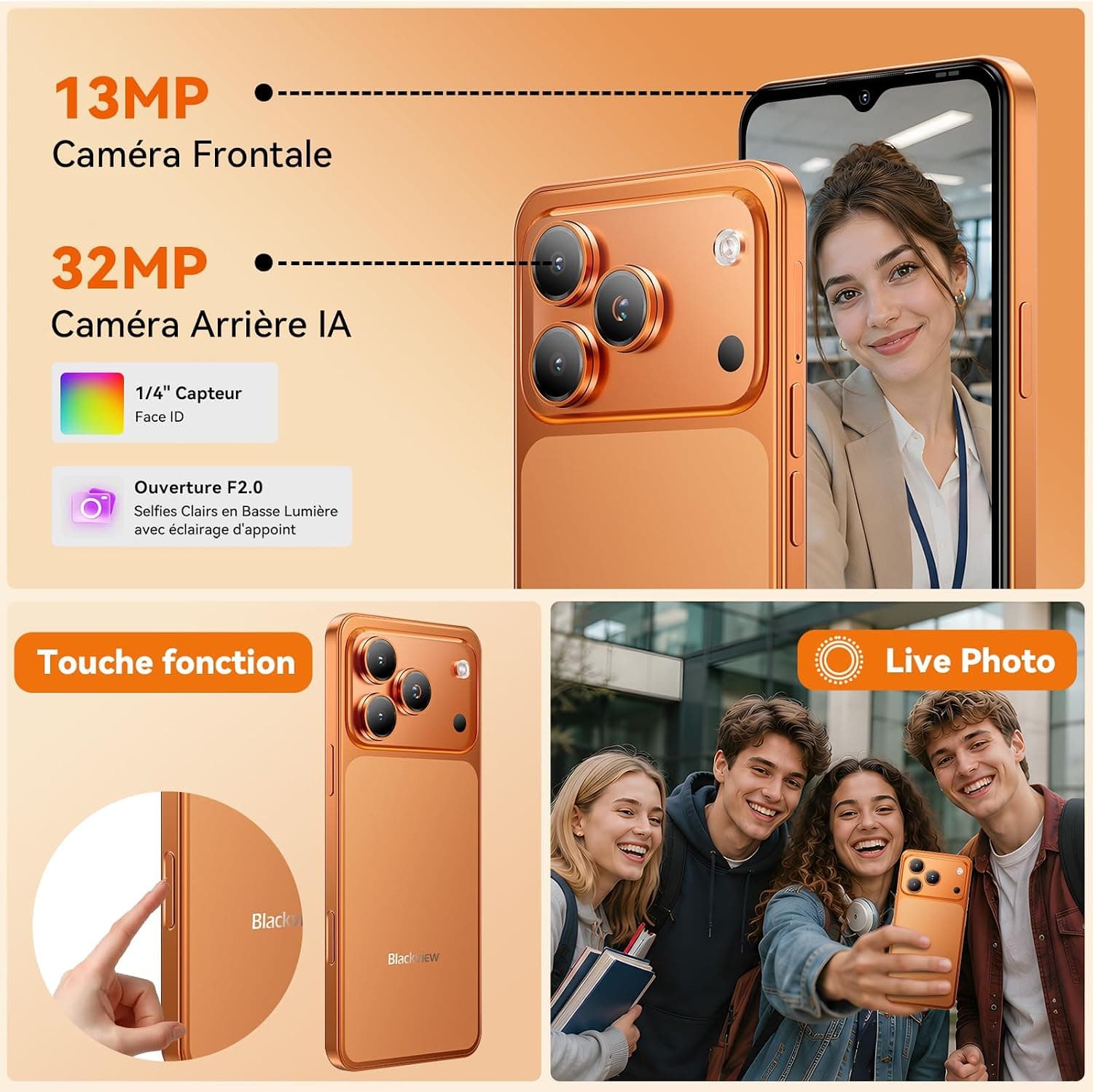 Blackview Wave 7C Telephone Portable Android 16 Smartphones, 16Go+64Go/2To, 32MP+13MP, 5000mAh, 6.56" Smartphon Pas Cher 4G Dual SIM, Téléphone WiFi 5G/GPS/IP54/3 Card Slots/3.5mm/FM/3Ans Garantie