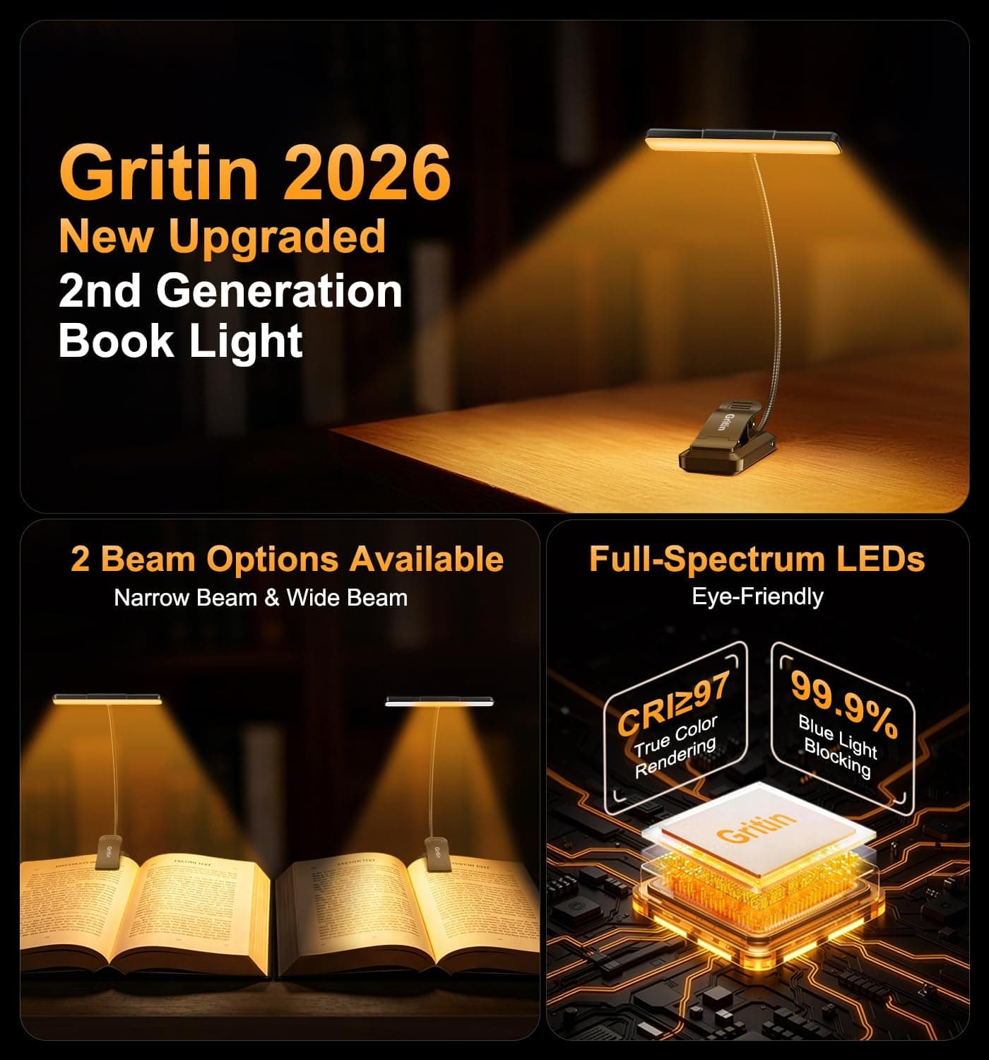Gritin 2026 Gén.2 Lampe de Lecture, 32 LED Spectre Complet Liseuse Clip